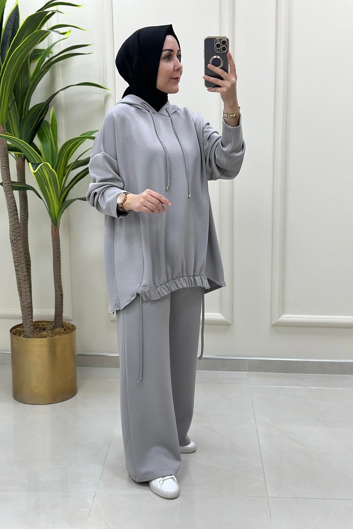 Pantolonlu Takım Oysho Kumaş Önü Büzgülü Kapüşonlu Tunik ve Pantolon Kadın İkili Takım Gri MSE 8037