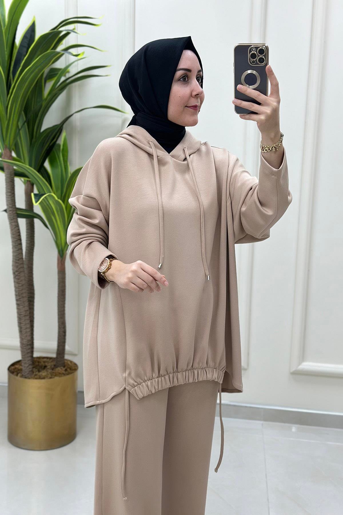Pantolonlu Takım Oysho Kumaş Önü Büzgülü Kapüşonlu Tunik ve Pantolon Kadın İkili Takım Bej MSE 8037