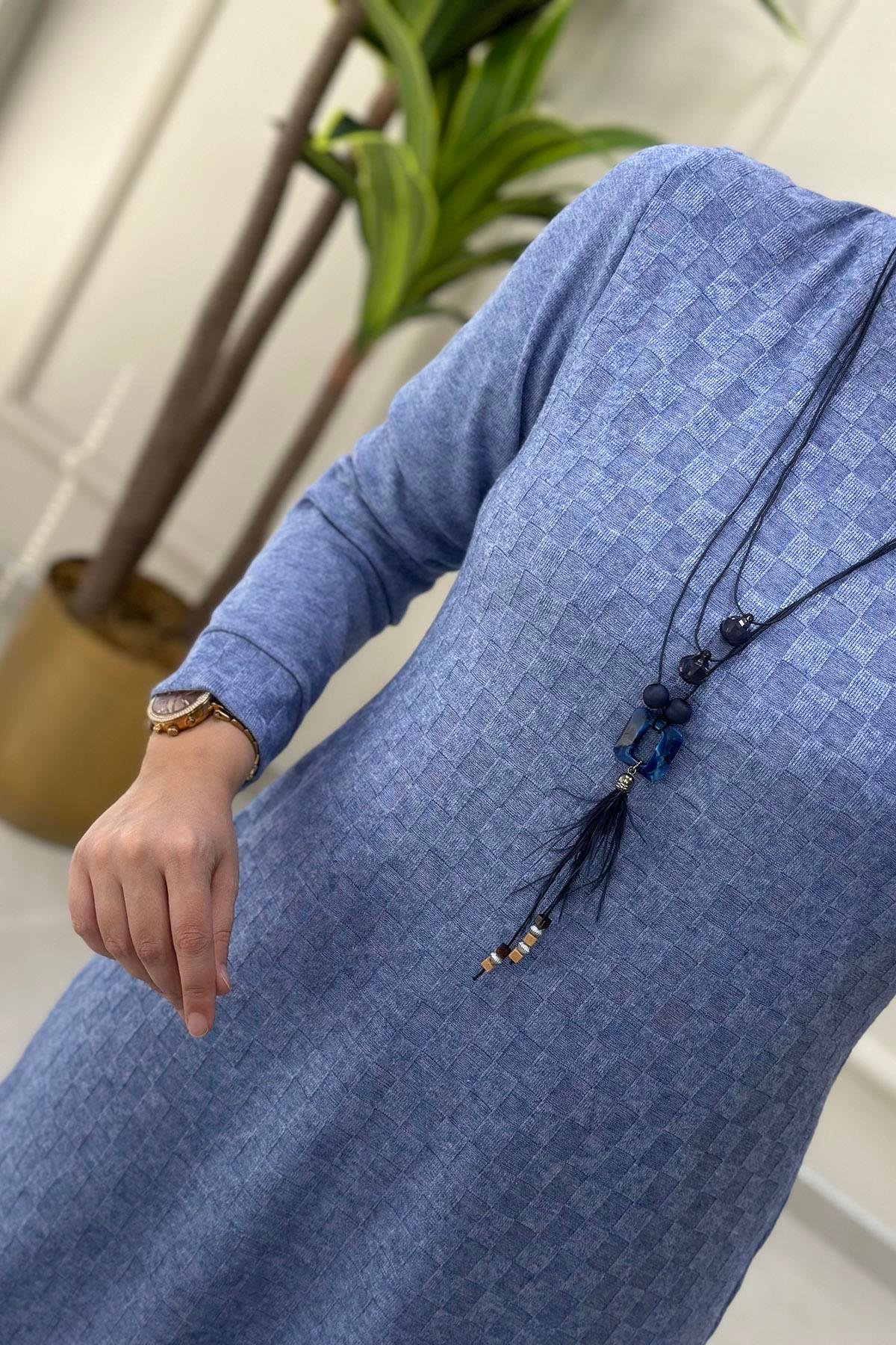 Pantolonlu TakımDama Desen Kolyeli Tunik ve Pantolon Kadın Triko Takım Mavi CNR 1818