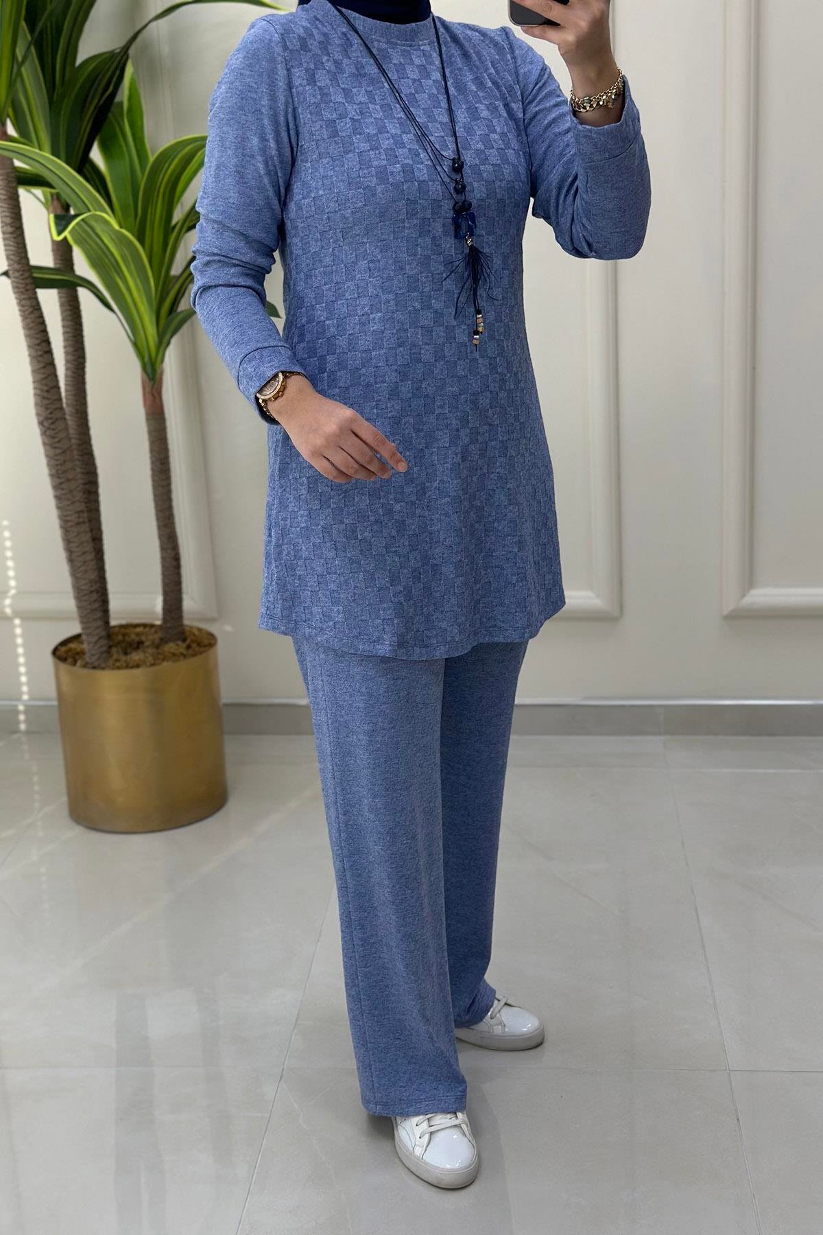 Pantolonlu TakımDama Desen Kolyeli Tunik ve Pantolon Kadın Triko Takım Mavi CNR 1818