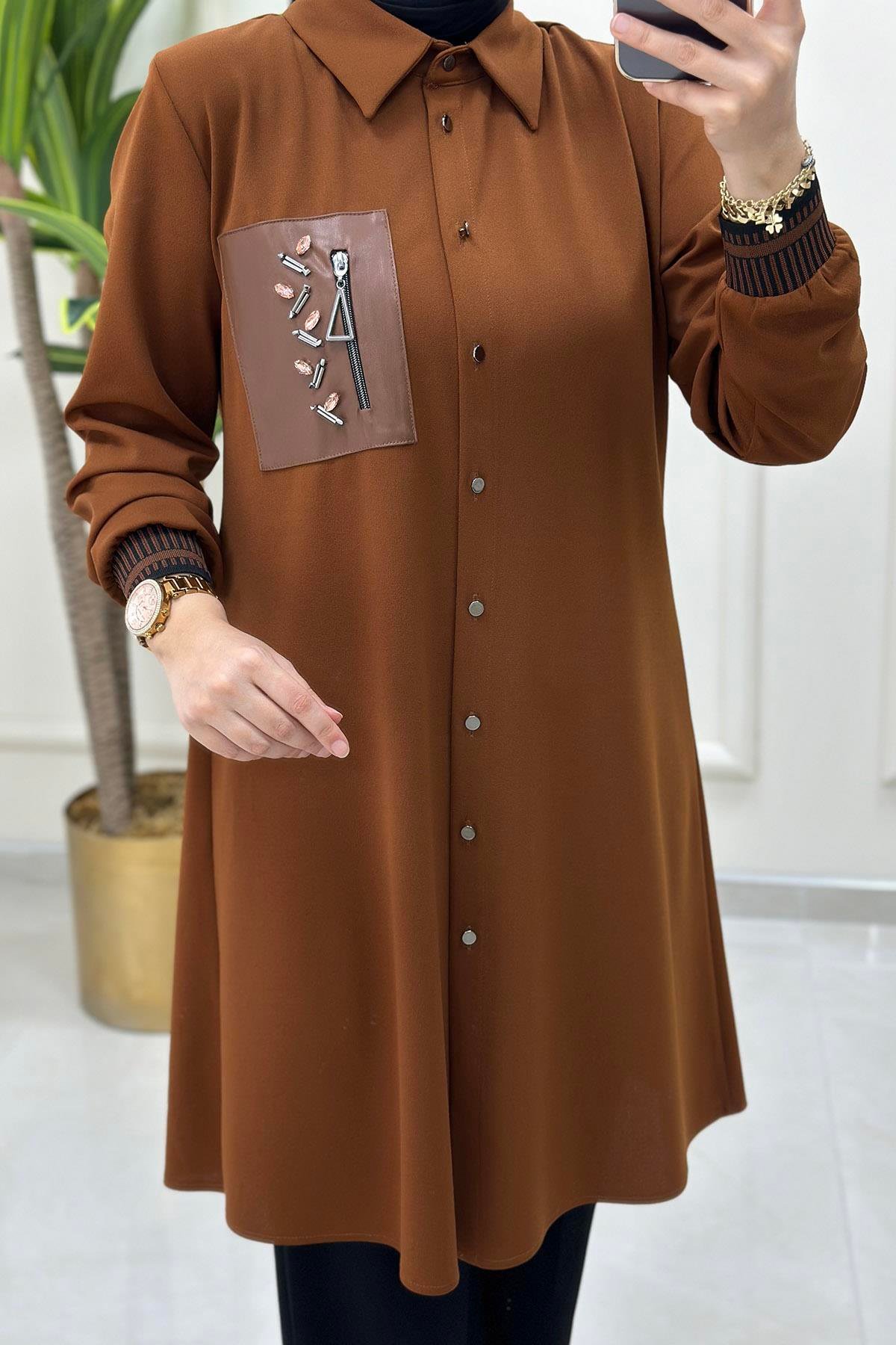 Pantolonlu TakımDeri Kombinli Kolu Ribanalı Tunik ve Pantolon Kadın İkili Takım Taba CNR 1805 