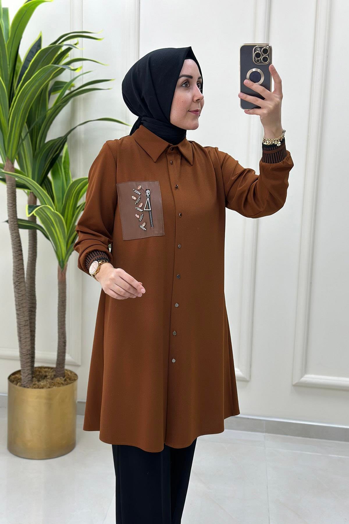 Pantolonlu TakımDeri Kombinli Kolu Ribanalı Tunik ve Pantolon Kadın İkili Takım Taba CNR 1805 