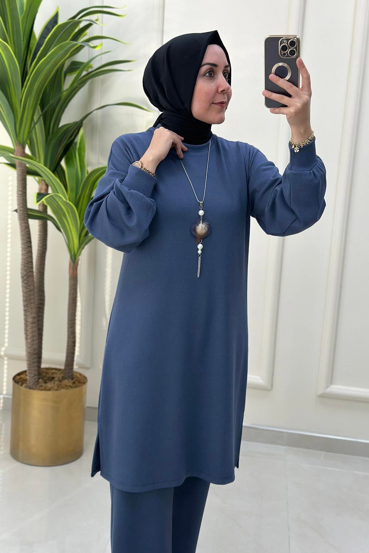 Pantolonlu TakımDüşük Omuz Kolyeli Tunik ve Pantolon Kadın İkili Takım Grimsi Mavi KADO 9534