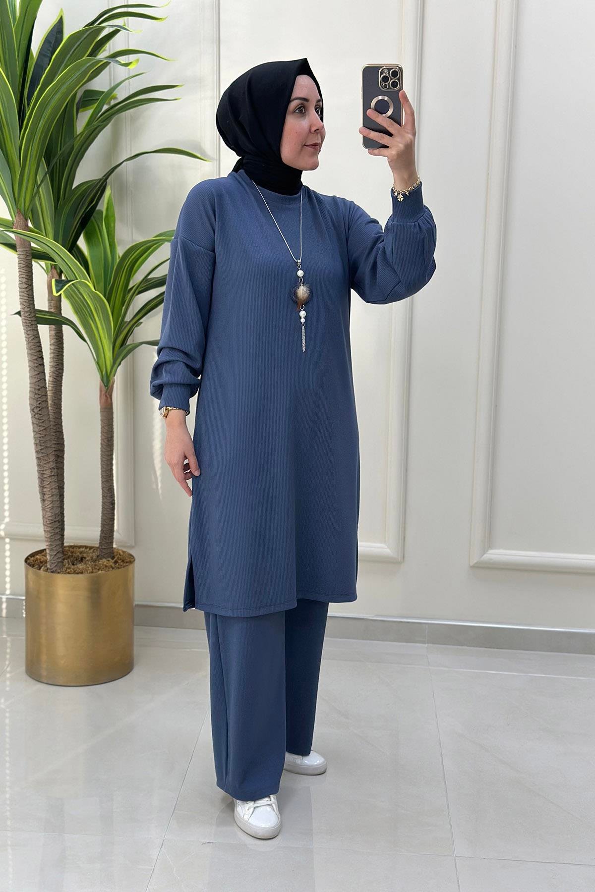 Pantolonlu TakımDüşük Omuz Kolyeli Tunik ve Pantolon Kadın İkili Takım Grimsi Mavi KADO 9534