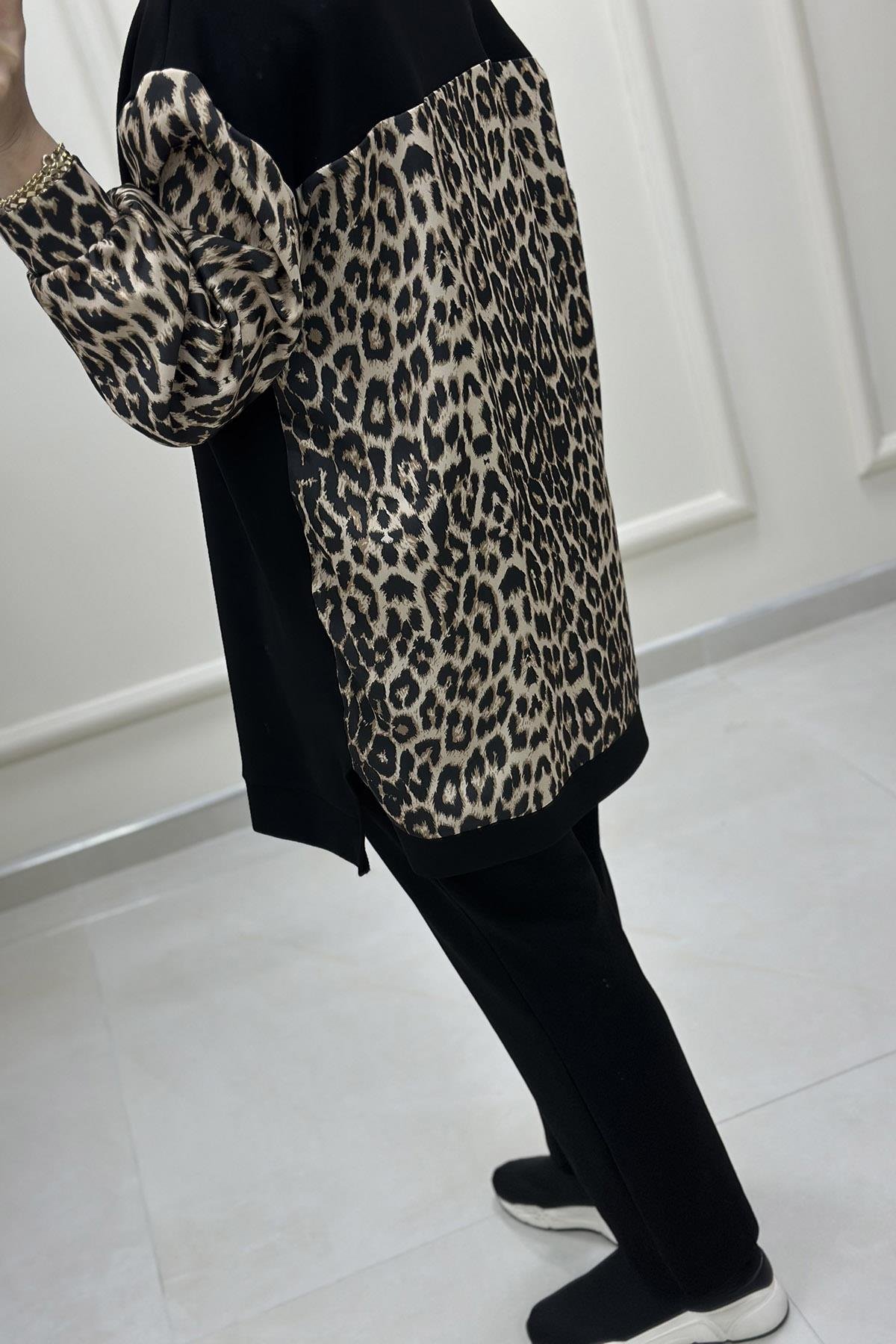 Pantolonlu TakımDüşük Omuz Leopar Desen Garnili Tunik ve Pantolon İkili Takım Camel KADO 120046