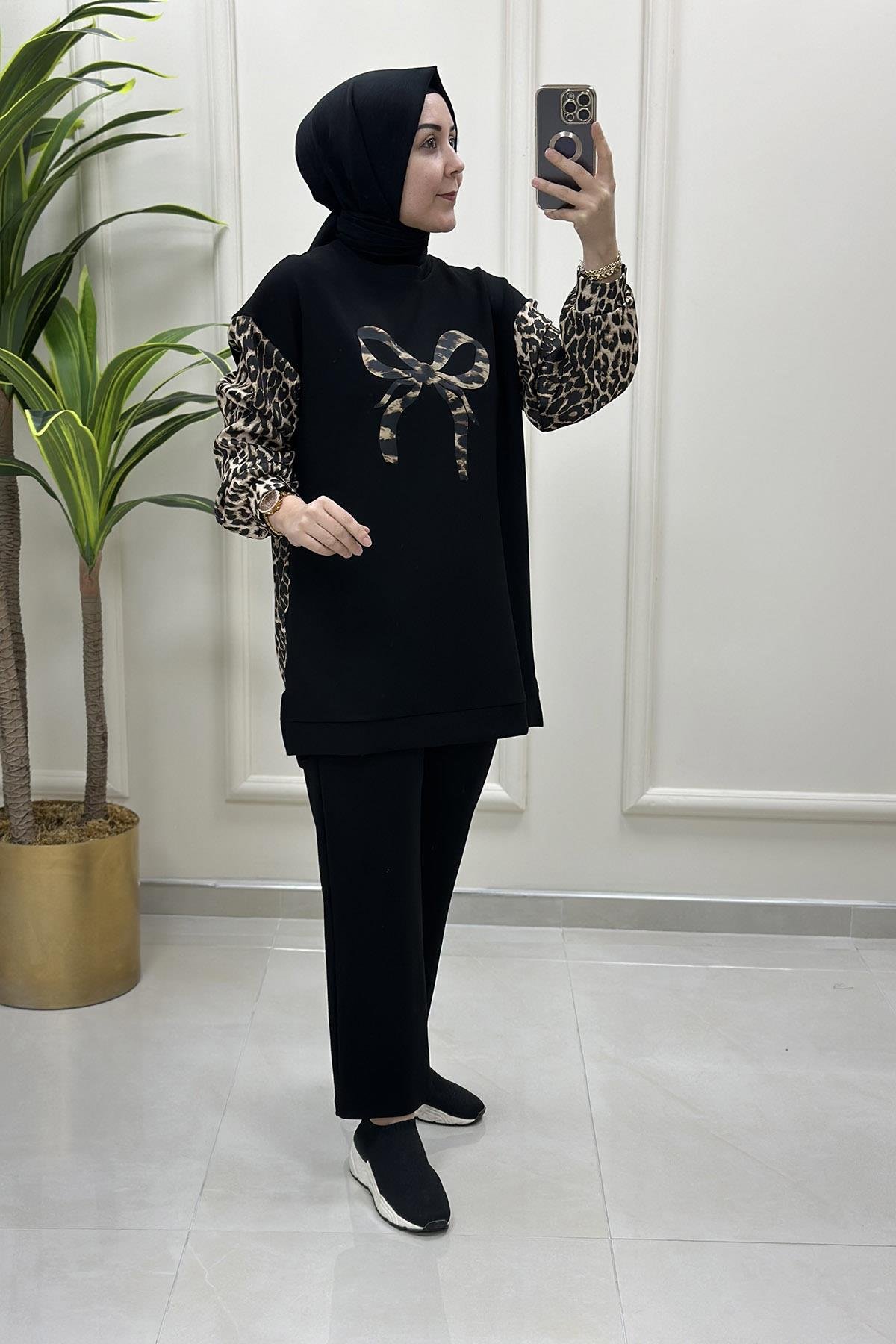 Pantolonlu TakımDüşük Omuz Leopar Desen Garnili Tunik ve Pantolon İkili Takım Camel KADO 120046