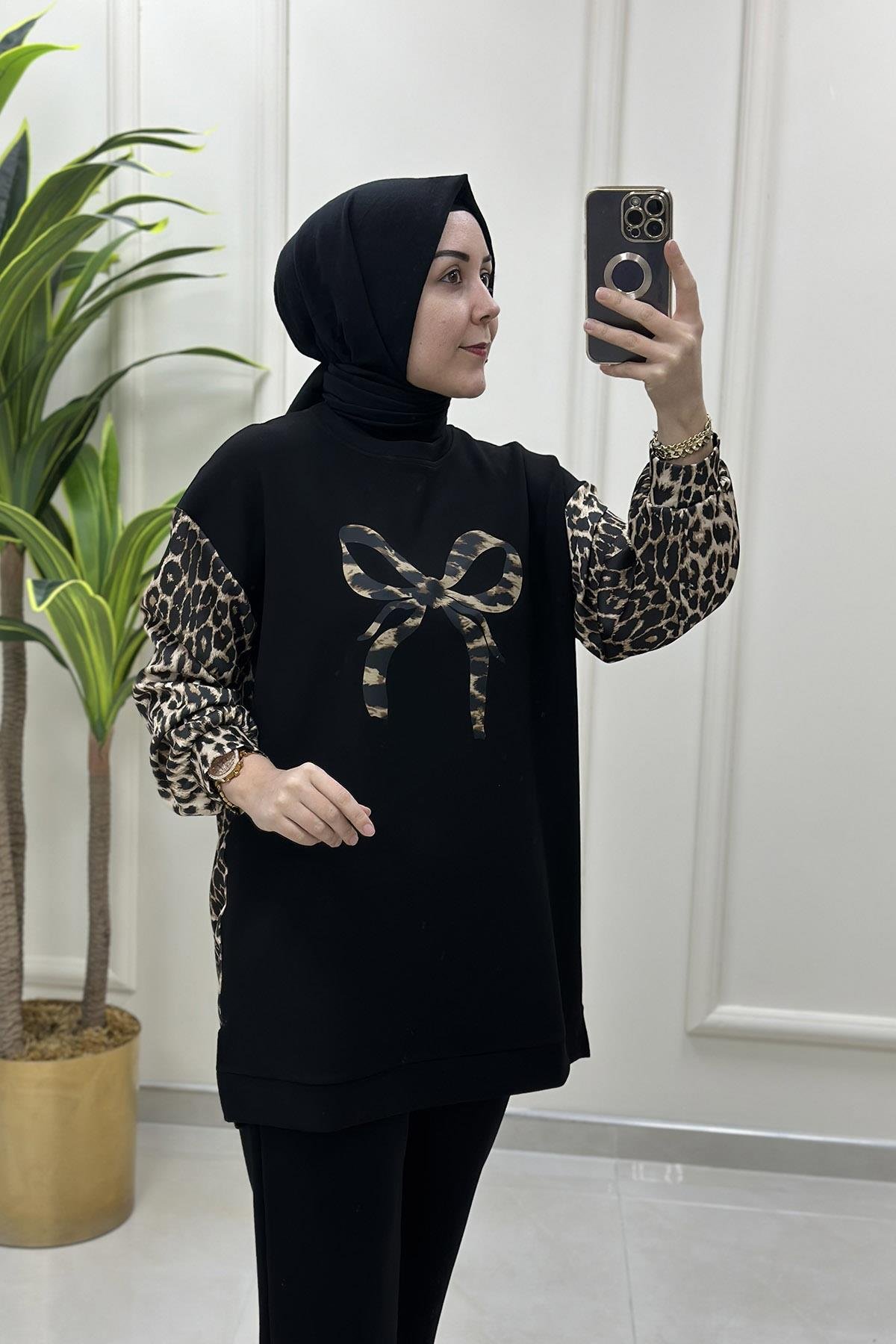Pantolonlu TakımDüşük Omuz Leopar Desen Garnili Tunik ve Pantolon İkili Takım Camel KADO 120046