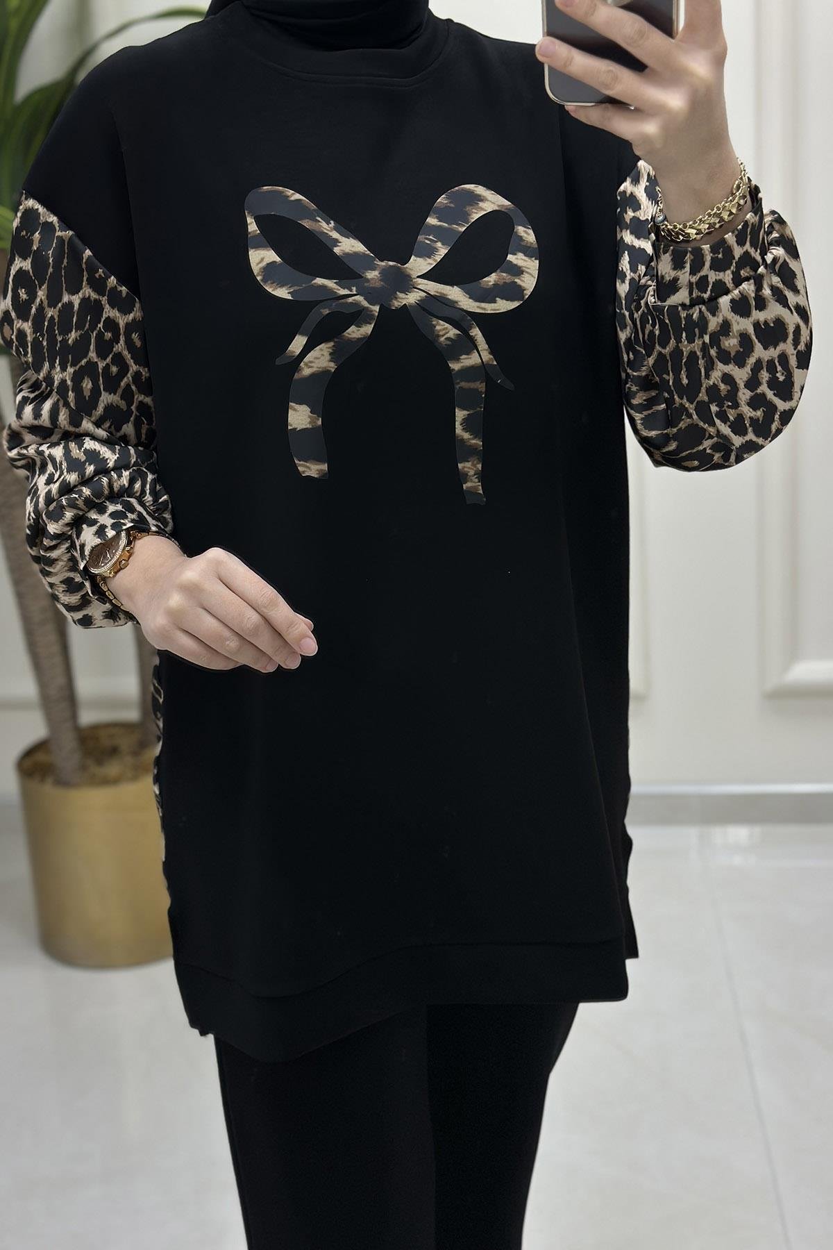 Pantolonlu TakımDüşük Omuz Leopar Desen Garnili Tunik ve Pantolon İkili Takım Camel KADO 120046