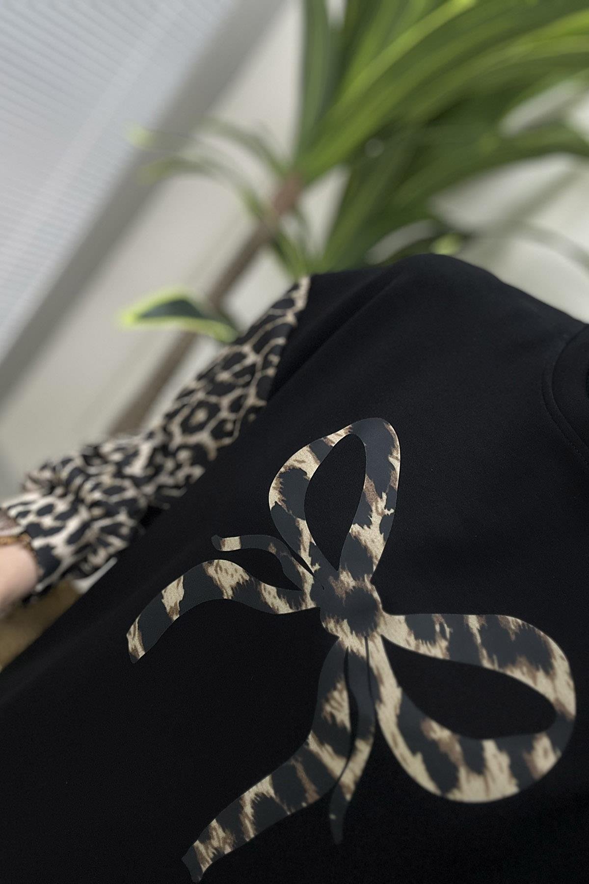 Pantolonlu TakımDüşük Omuz Leopar Desen Garnili Tunik ve Pantolon İkili Takım Camel KADO 120046