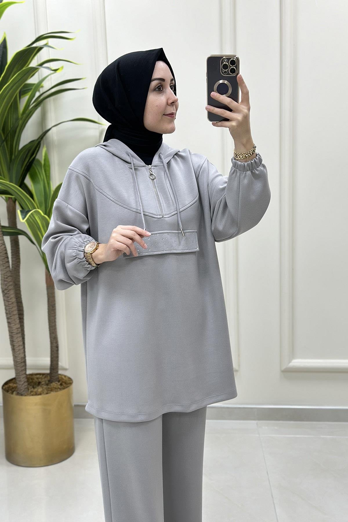 Pantolonlu TakımDüşük Omuz Önü Taş Detaylı Tunik ve Pantolon Kadın İkili Takım Gri MSE 8067