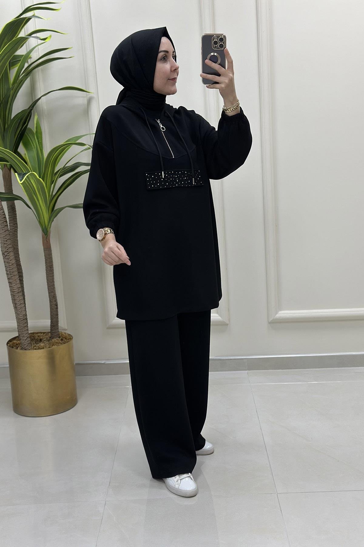 Pantolonlu TakımDüşük Omuz Önü Taş Detaylı Tunik ve Pantolon Kadın İkili Takım Siyah MSE 8067