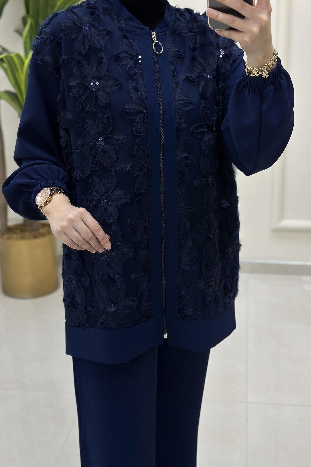 Pantolonlu TakımDüşük Omuz Önü Tül Çiçek Detaylı Giyçık ve Pantolon Kadın İkili Takım Lacivert MSE 8086