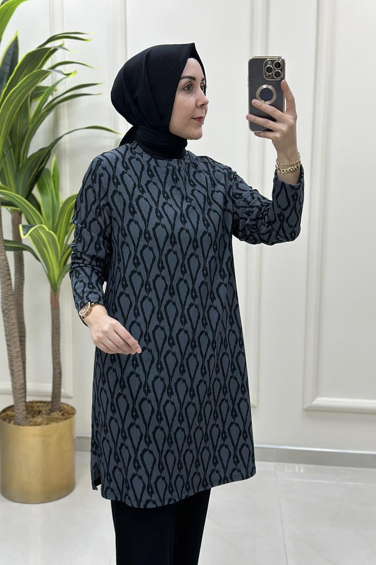 Pantolonlu TakımKendinden Desenli Tunik ve Pantolon Kadın İkili Takım Grimsi Mavi KADO 9693