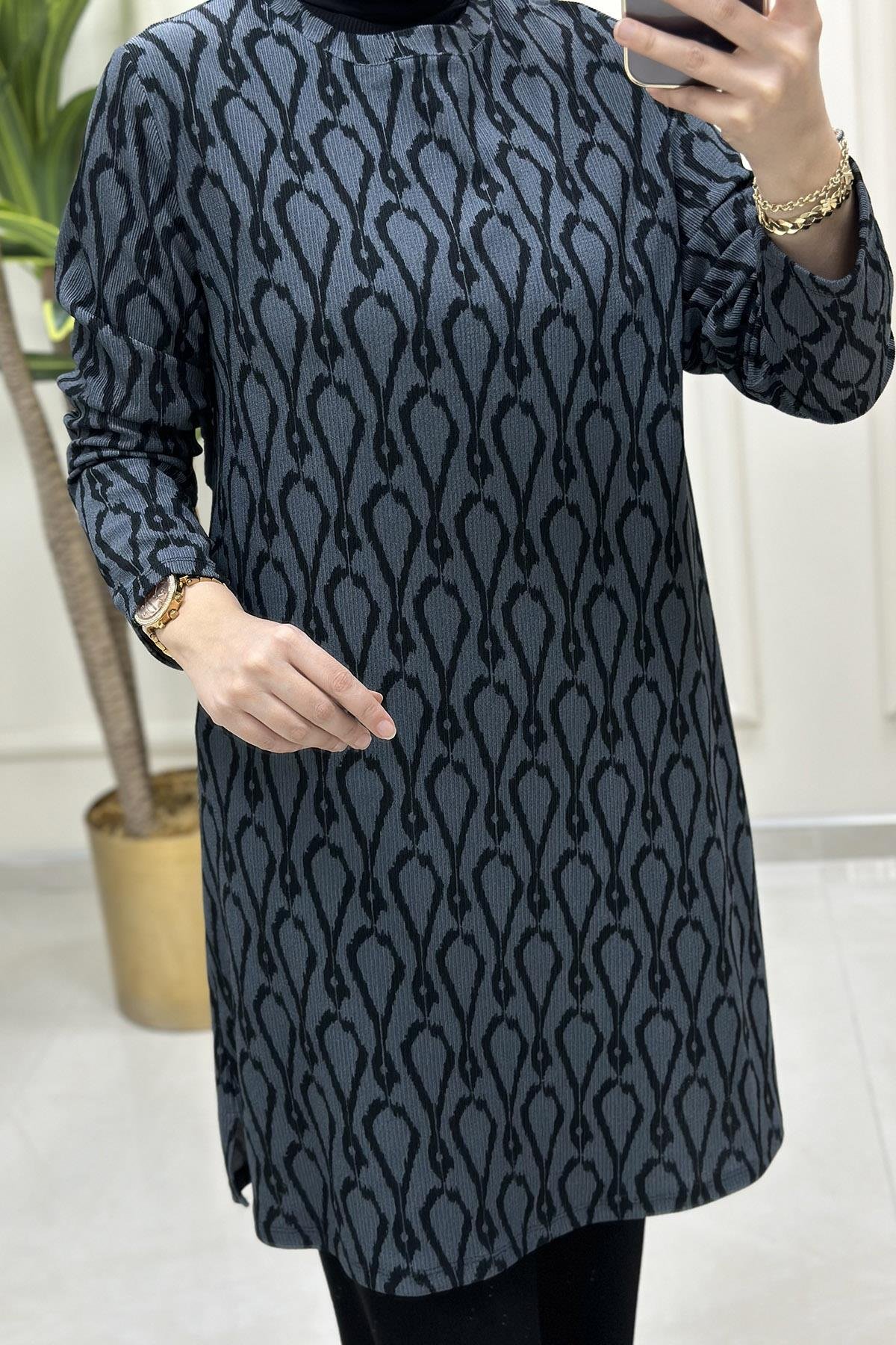 Pantolonlu TakımKendinden Desenli Tunik ve Pantolon Kadın İkili Takım Grimsi Mavi KADO 9693