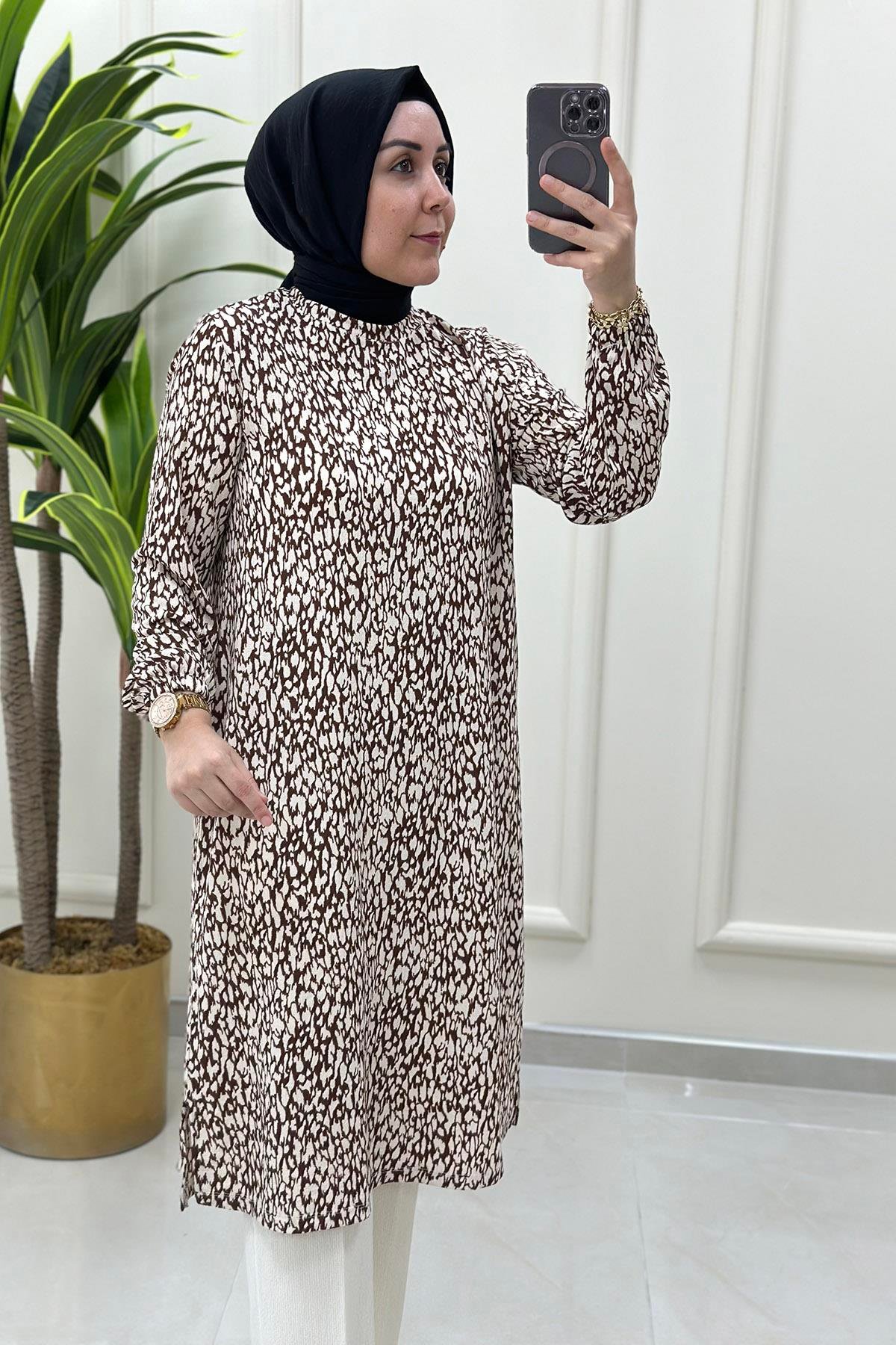 Pantolonlu TakımKolu Ribanalı Desenli Tunik ve Pantolon Kadın İkili Takım Taba KADO 8524