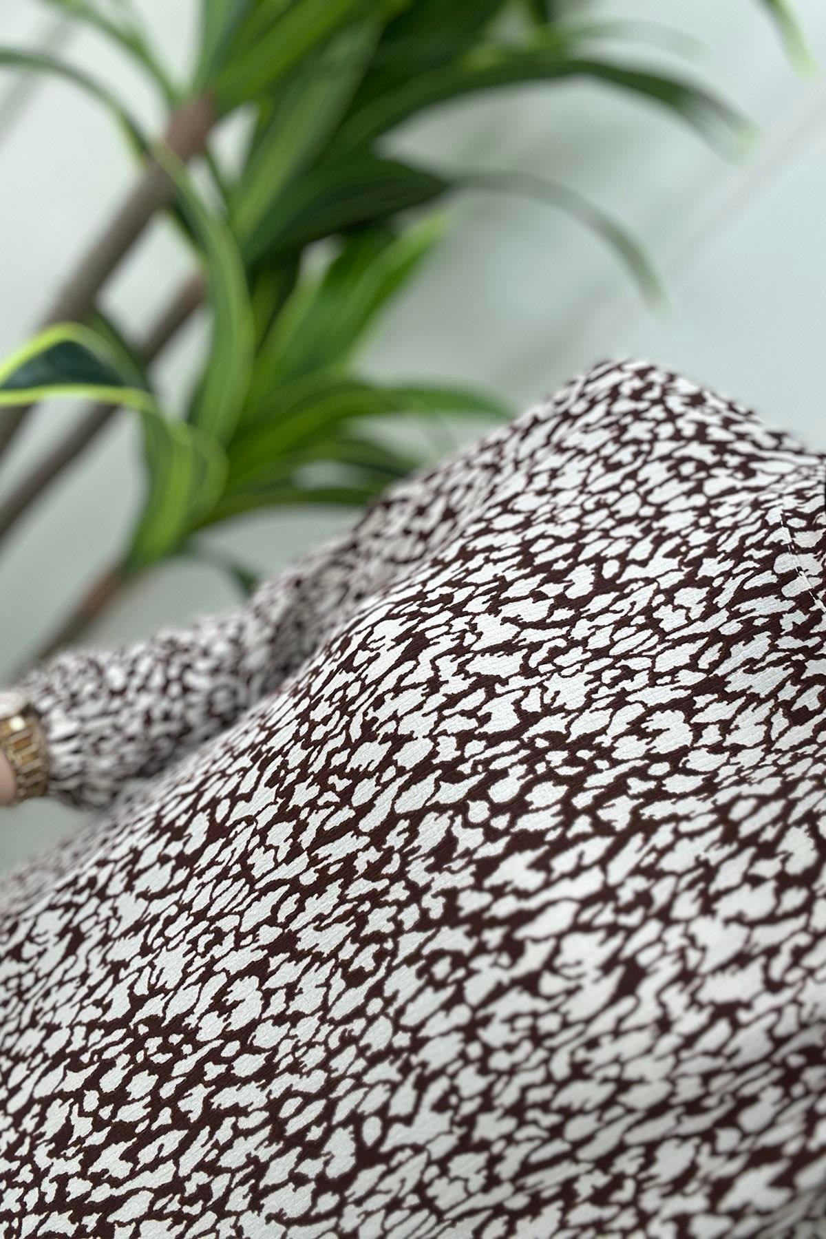 Pantolonlu TakımKolu Ribanalı Desenli Tunik ve Pantolon Kadın İkili Takım Taba KADO 8524