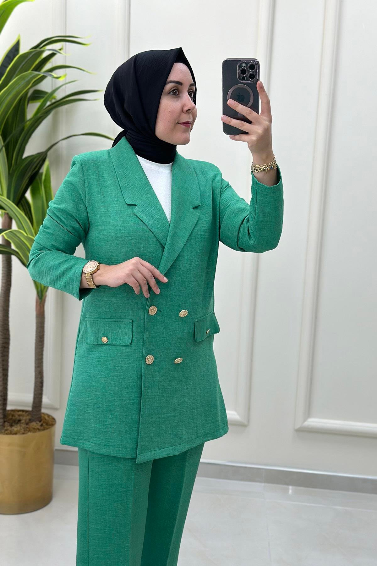 Pantolonlu TakımKruvaze Yaka Blazer Ceket ve Pantolon Kadın İkili Takım Benetton Yeşili MLH 4249