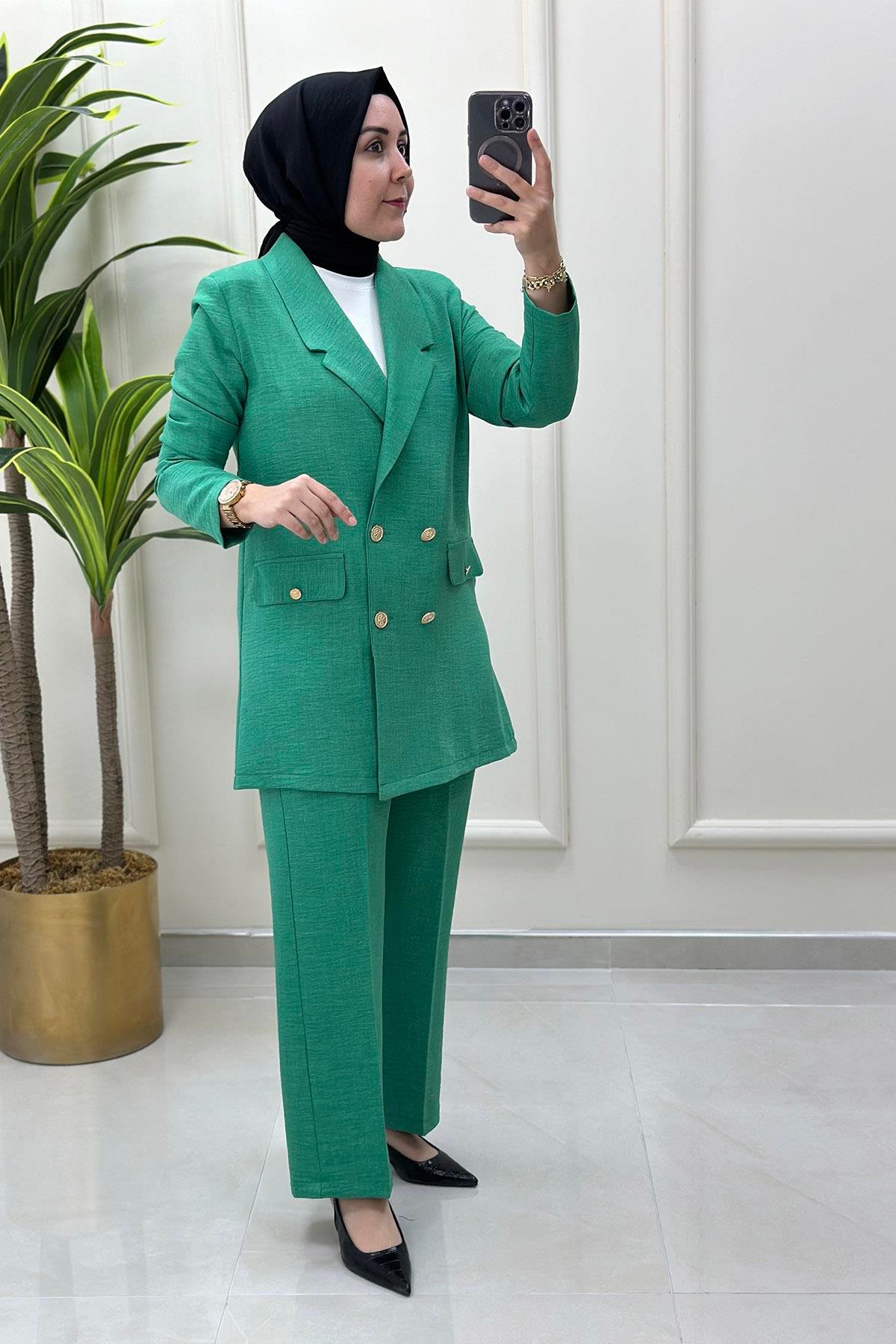 Pantolonlu TakımKruvaze Yaka Blazer Ceket ve Pantolon Kadın İkili Takım Benetton Yeşili MLH 4249