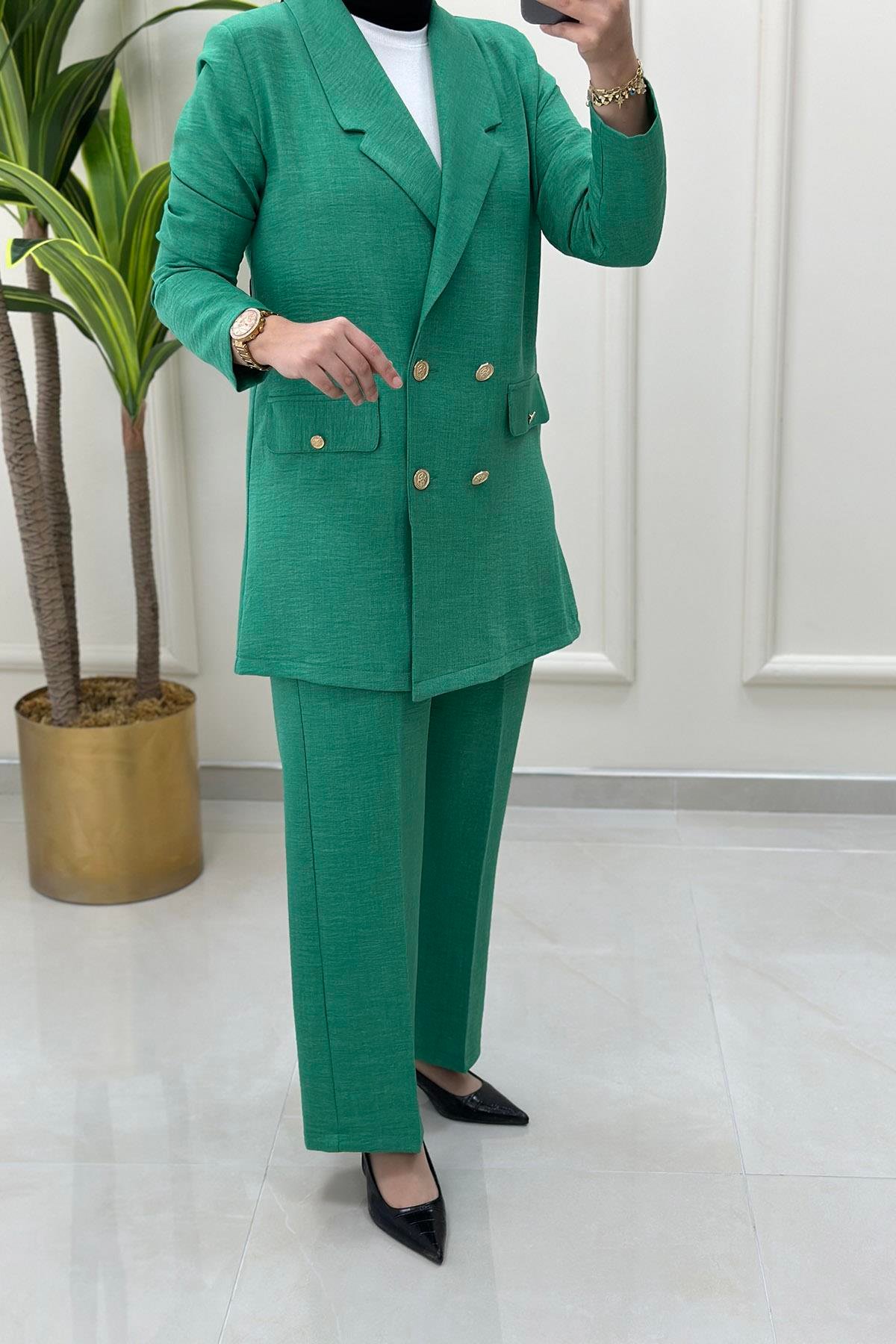 Pantolonlu TakımKruvaze Yaka Blazer Ceket ve Pantolon Kadın İkili Takım Benetton Yeşili MLH 4249