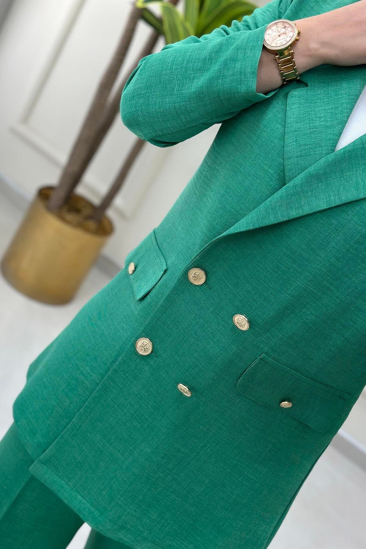 Pantolonlu TakımKruvaze Yaka Blazer Ceket ve Pantolon Kadın İkili Takım Benetton Yeşili MLH 4249
