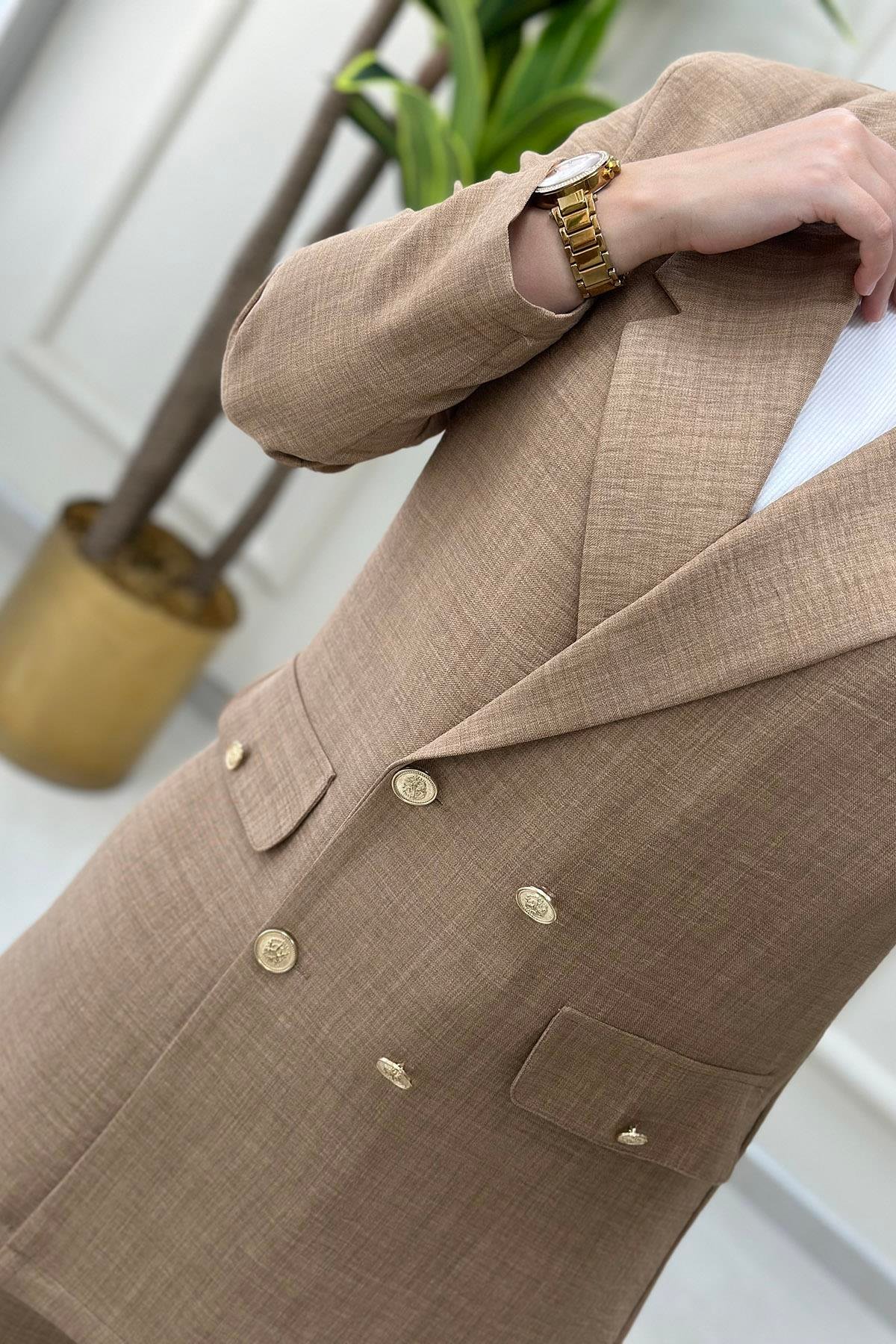 Pantolonlu TakımKruvaze Yaka Blazer Ceket ve Pantolon Kadın İkili Takım Vizon MLH 4249