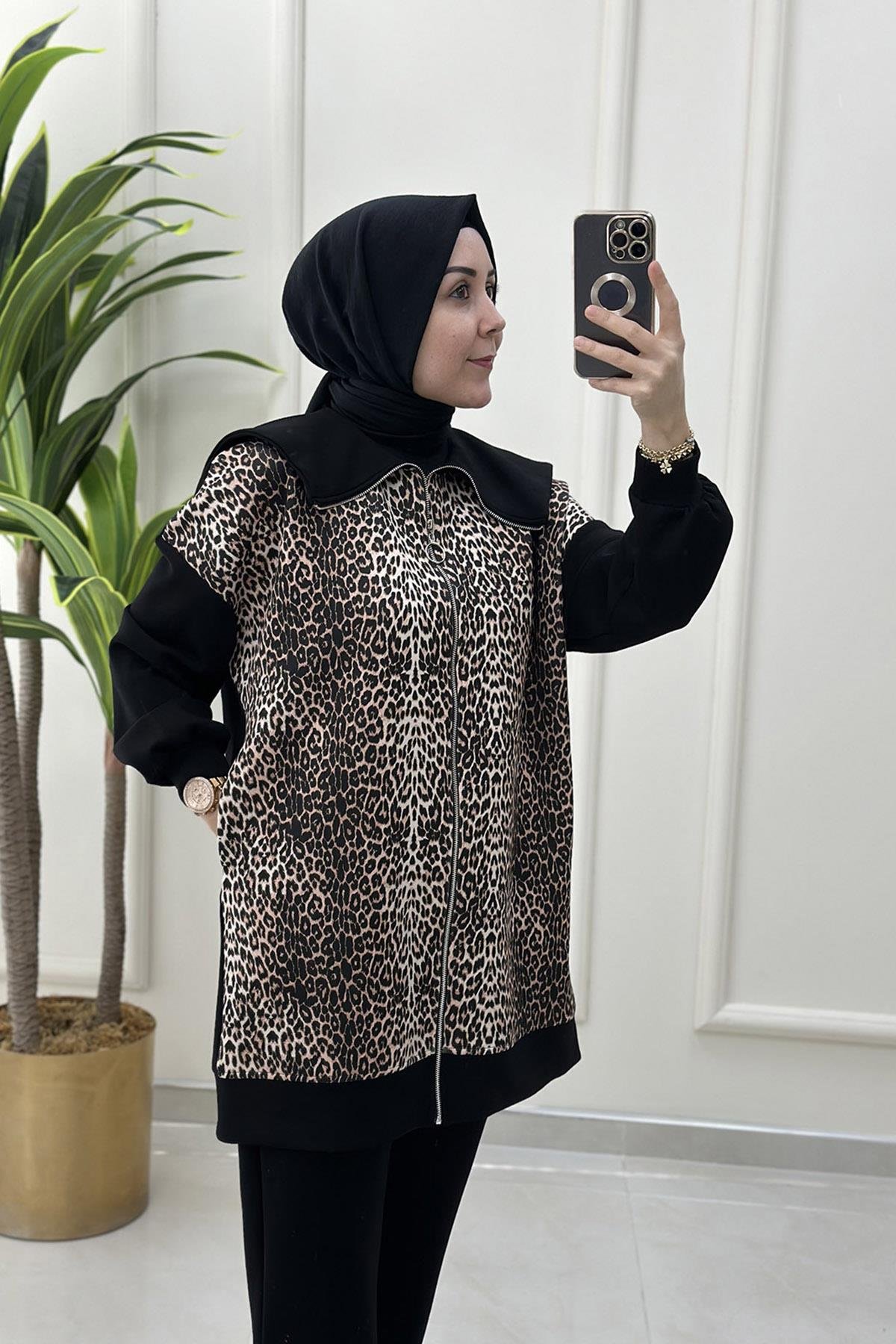 Pantolonlu TakımLeopar Desen Şal Yaka Giyçık ve Pantolon Kadın İkili Takım Siyah KADO 120030