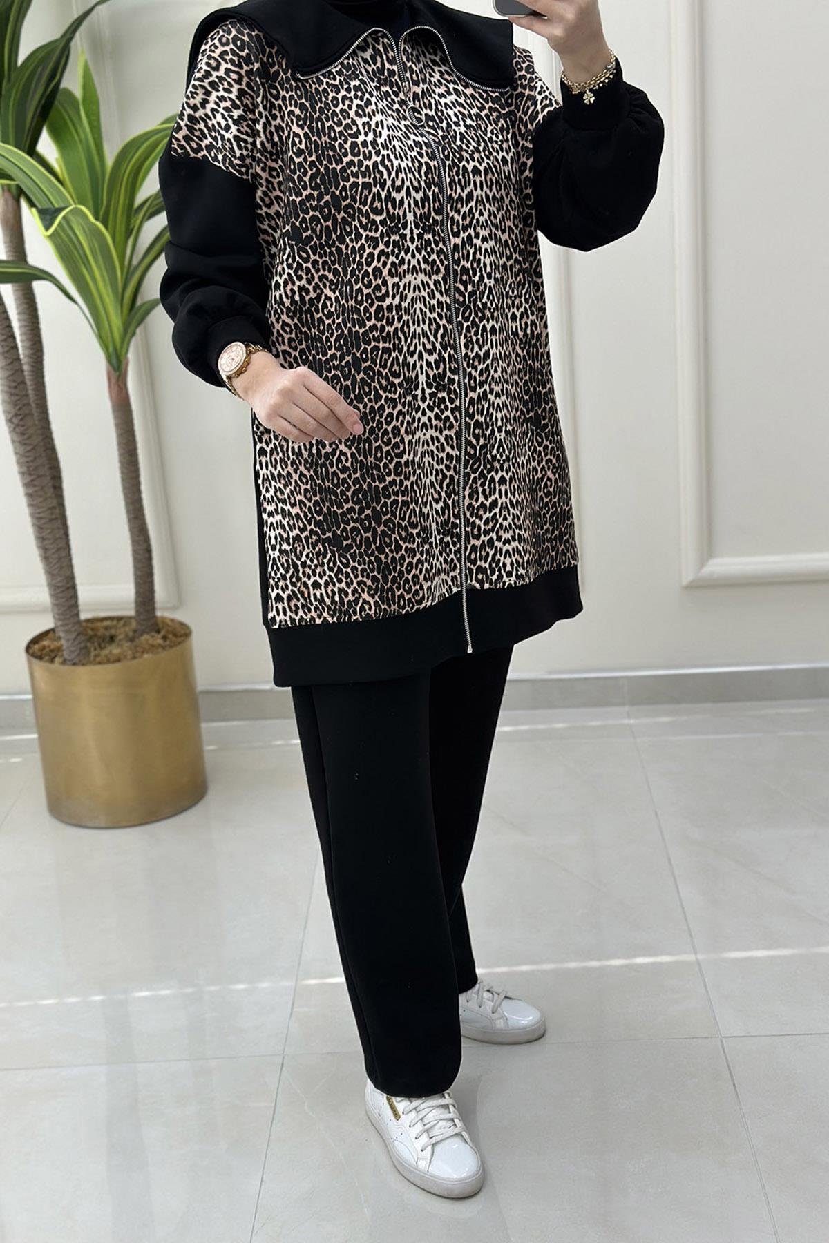 Pantolonlu TakımLeopar Desen Şal Yaka Giyçık ve Pantolon Kadın İkili Takım Siyah KADO 120030