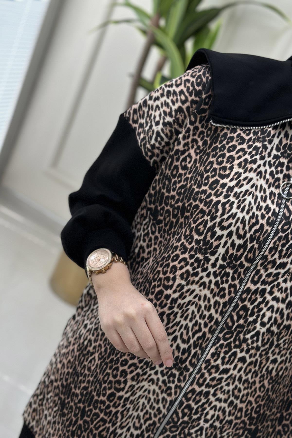 Pantolonlu TakımLeopar Desen Şal Yaka Giyçık ve Pantolon Kadın İkili Takım Siyah KADO 120030