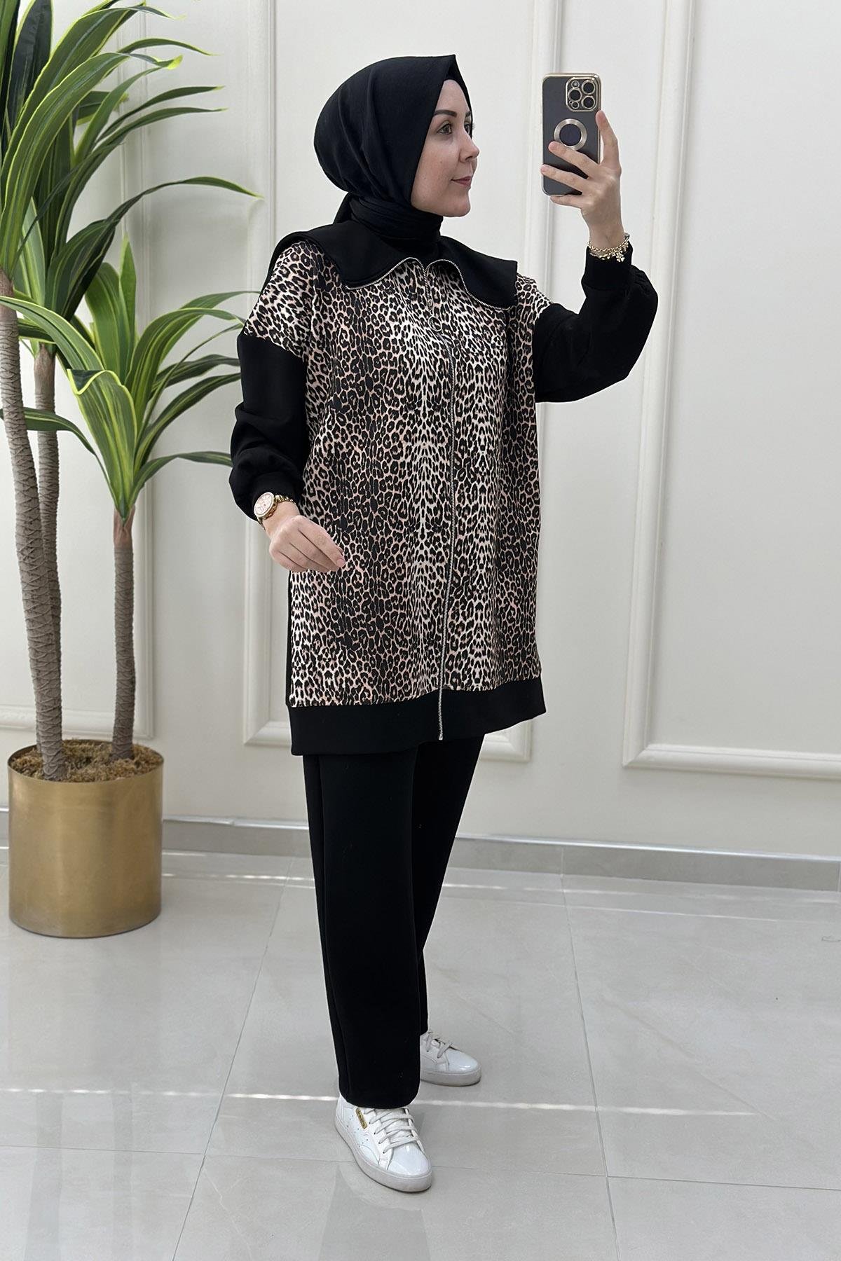 Pantolonlu TakımLeopar Desen Şal Yaka Giyçık ve Pantolon Kadın İkili Takım Siyah KADO 120030