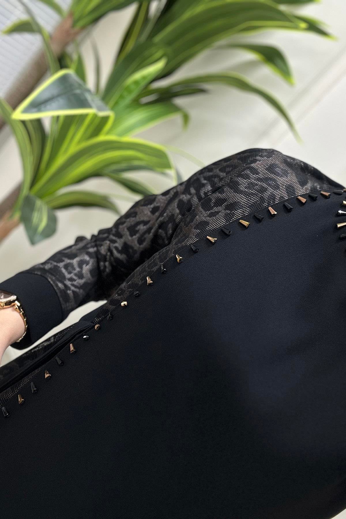 Pantolonlu TakımLeopar Desenli Pantolonlu İkili Kadın Takım Siyah FM 2316