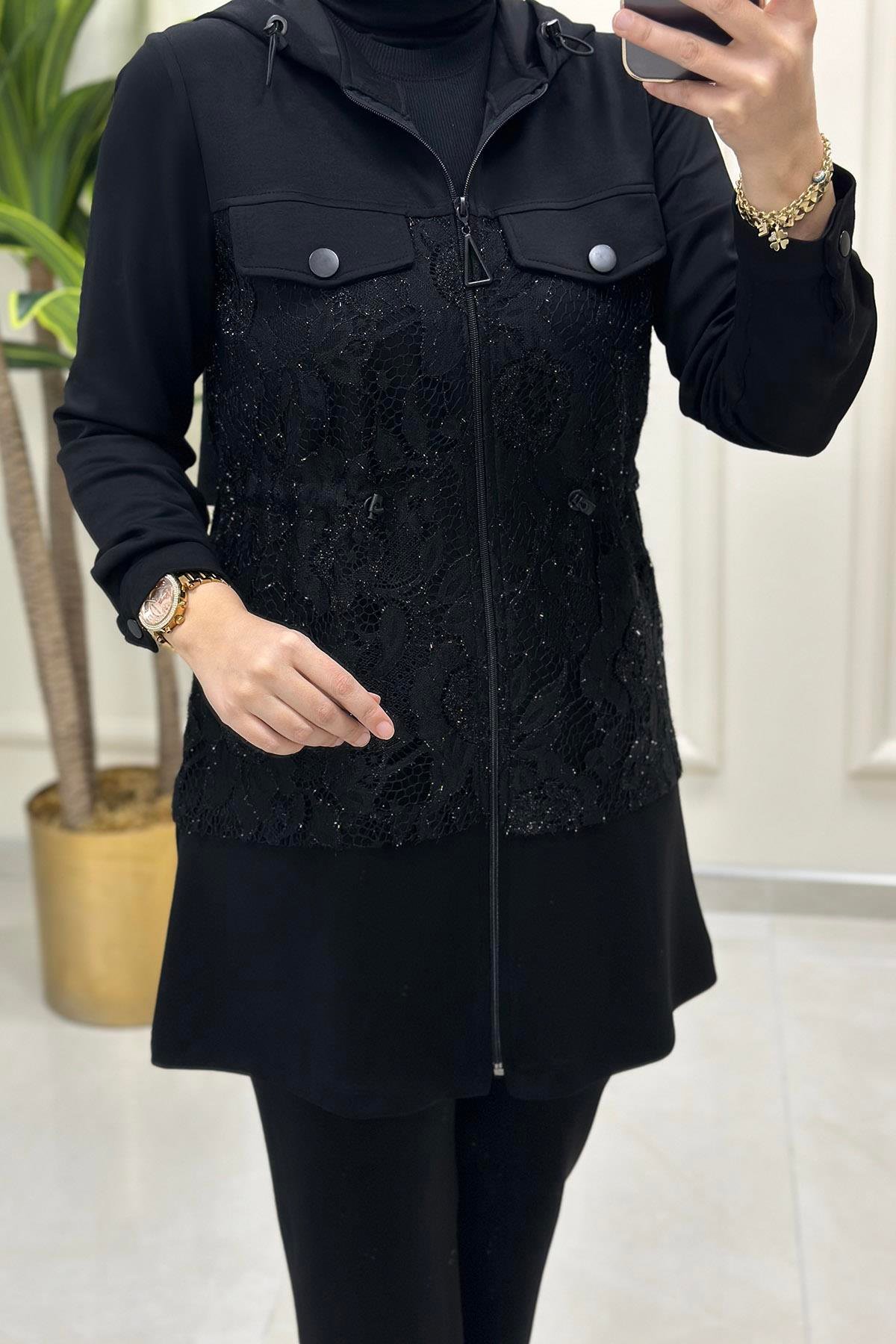 Pantolonlu TakımModal Sim Güpürlü Kapüşonlu Giyçık ve Pantolon Kadın İkili Takım Siyah HYA 1447