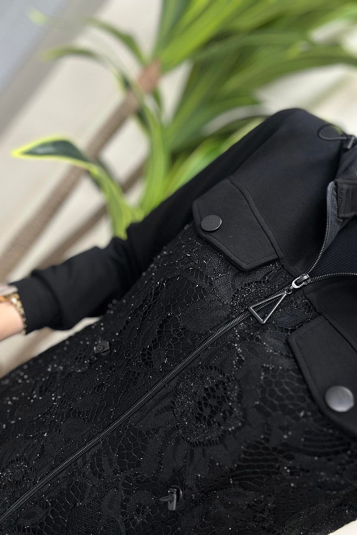 Pantolonlu TakımModal Sim Güpürlü Kapüşonlu Giyçık ve Pantolon Kadın İkili Takım Siyah HYA 1447