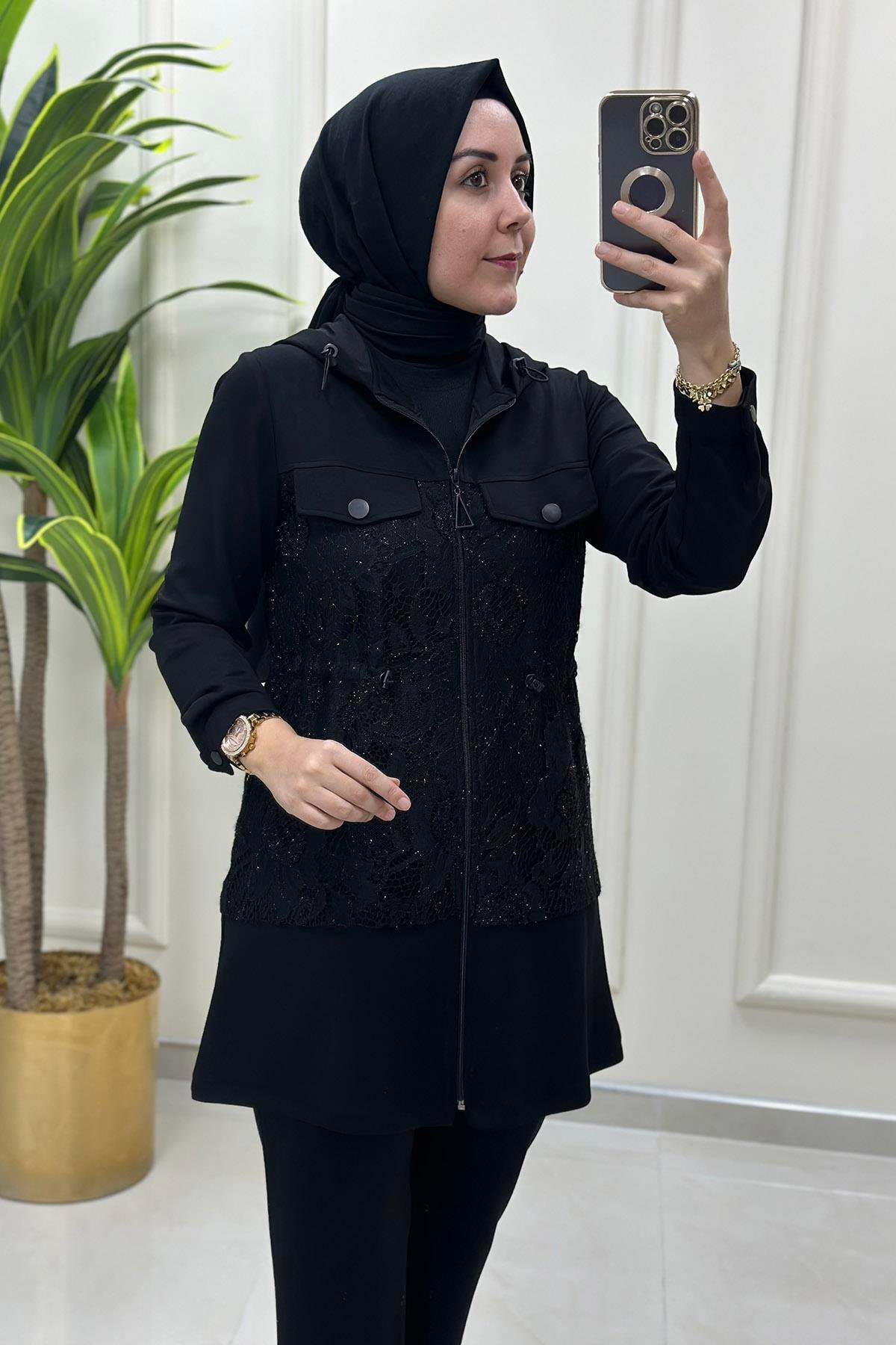 Pantolonlu TakımModal Sim Güpürlü Kapüşonlu Giyçık ve Pantolon Kadın İkili Takım Siyah HYA 1447
