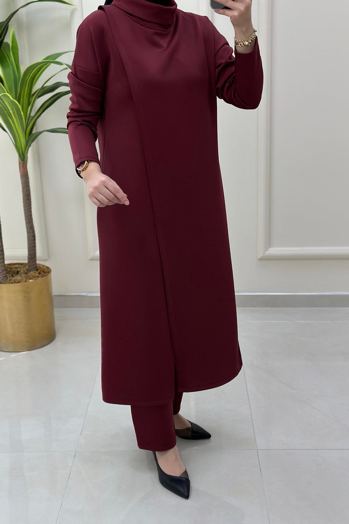 Pantolonlu TakımÖnü Anvelop Kesim Tunik ve Pantolon Kadın İkili Takım Bordo KADO 9644