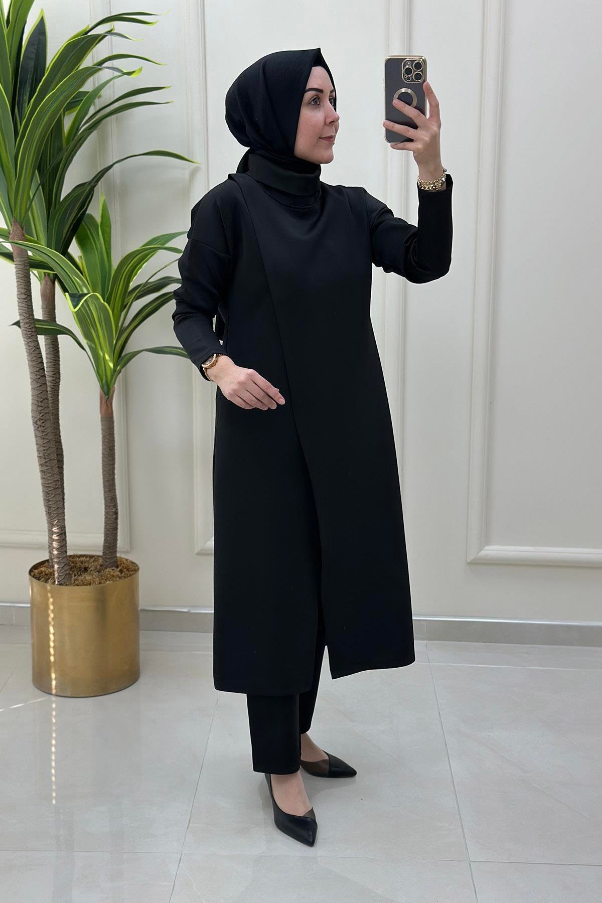 Pantolonlu TakımÖnü Anvelop Kesim Tunik ve Pantolon Kadın İkili Takım Siyah KADO 9644