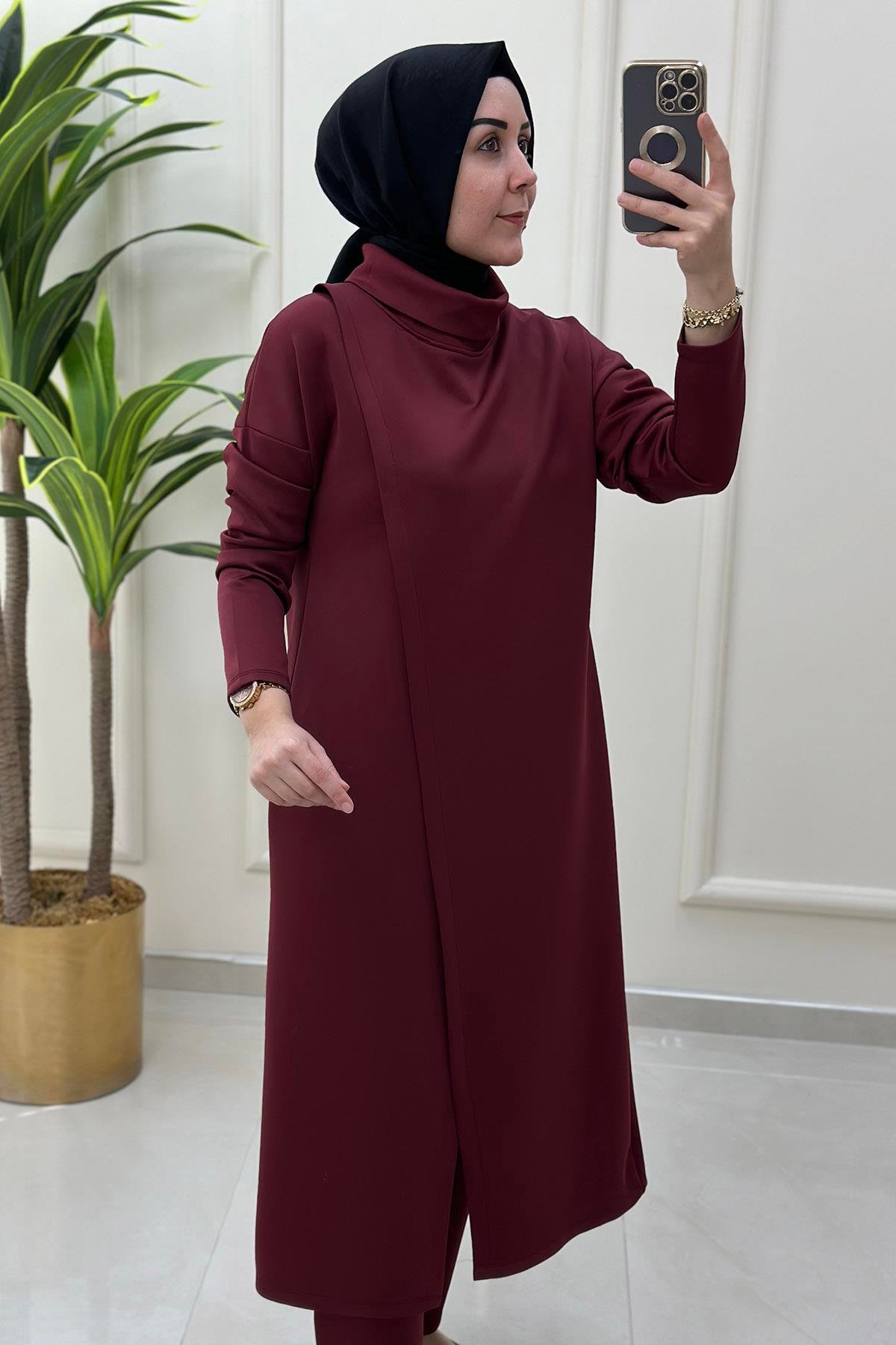 Pantolonlu TakımÖnü Anvelop Kesim Tunik ve Pantolon Kadın İkili Takım Bordo KADO 9644