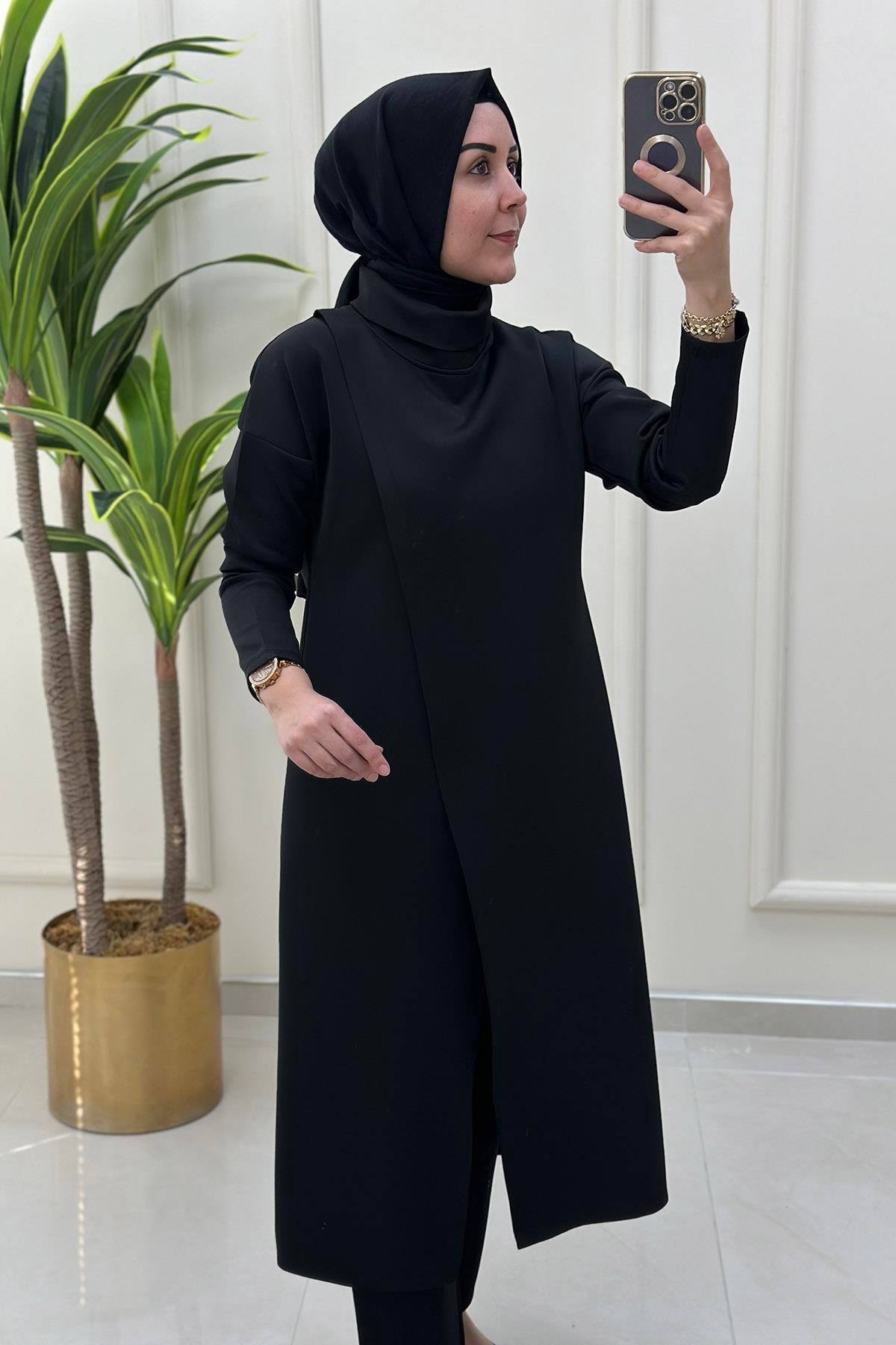 Pantolonlu TakımÖnü Anvelop Kesim Tunik ve Pantolon Kadın İkili Takım Siyah KADO 9644
