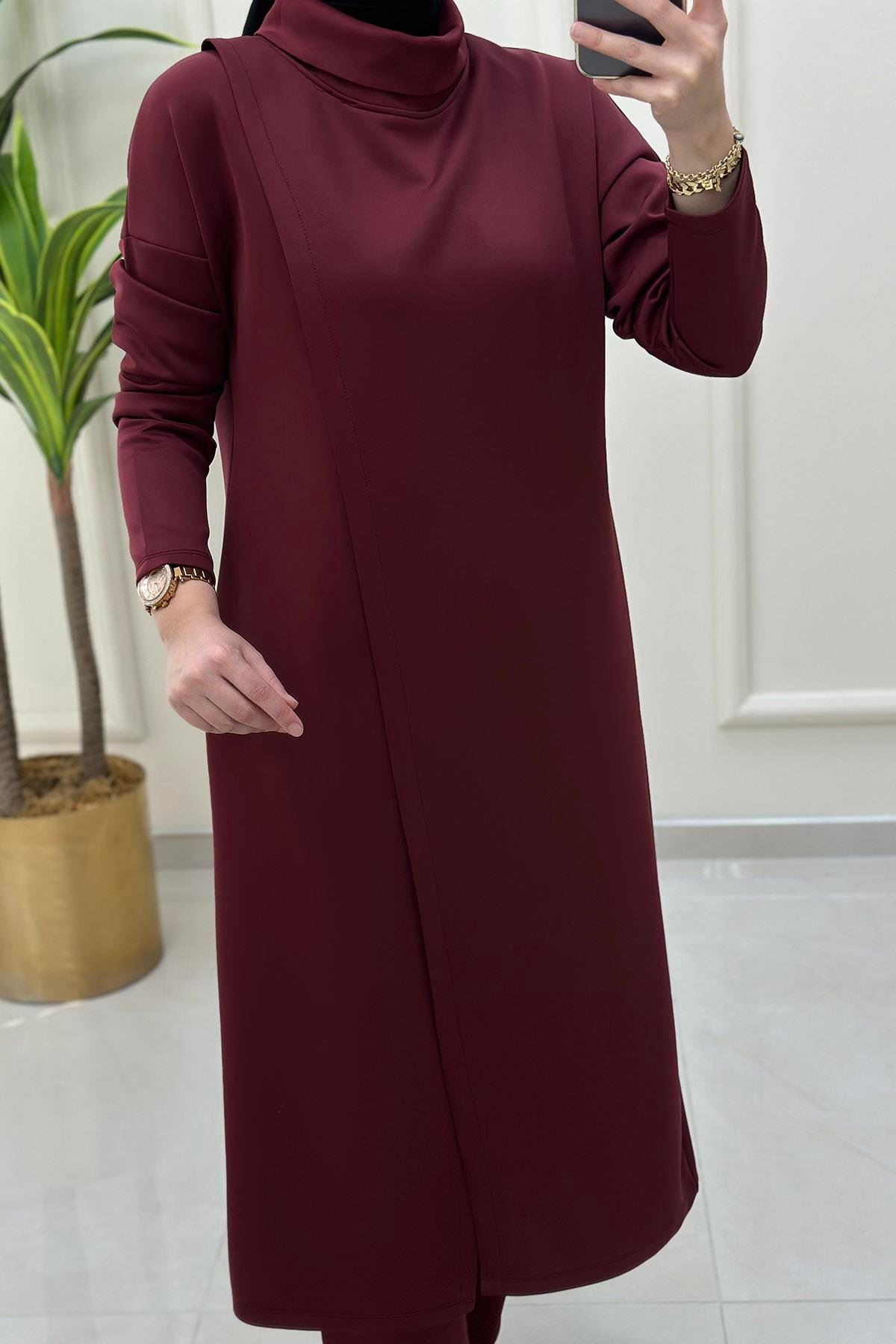 Pantolonlu TakımÖnü Anvelop Kesim Tunik ve Pantolon Kadın İkili Takım Bordo KADO 9644