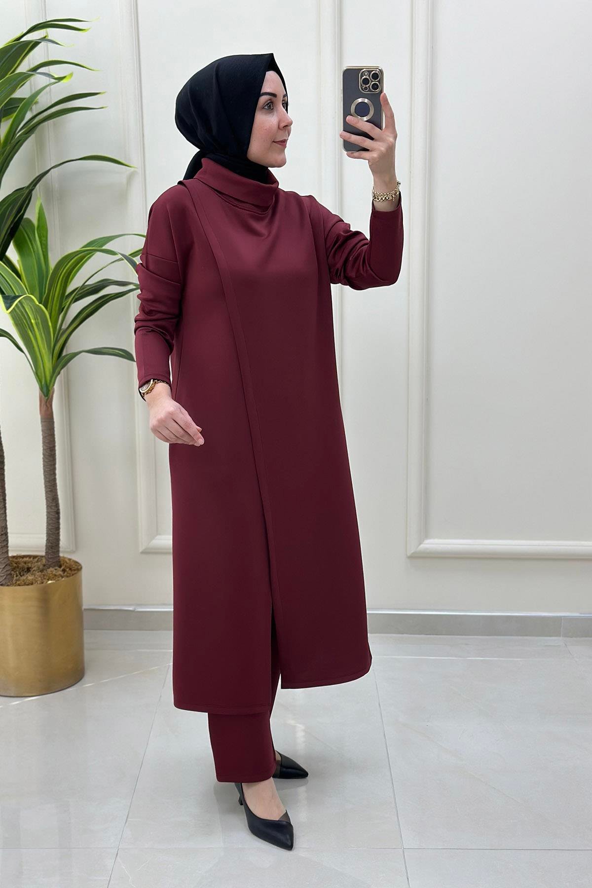 Pantolonlu TakımÖnü Anvelop Kesim Tunik ve Pantolon Kadın İkili Takım Bordo KADO 9644