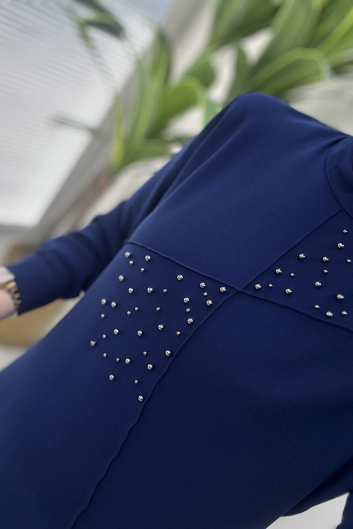 Pantolonlu TakımÖnü Biyeli İnci Çakmalı Tunik ve Pantolon Kadın İkili Takım Saks Mavisi MLH 4187