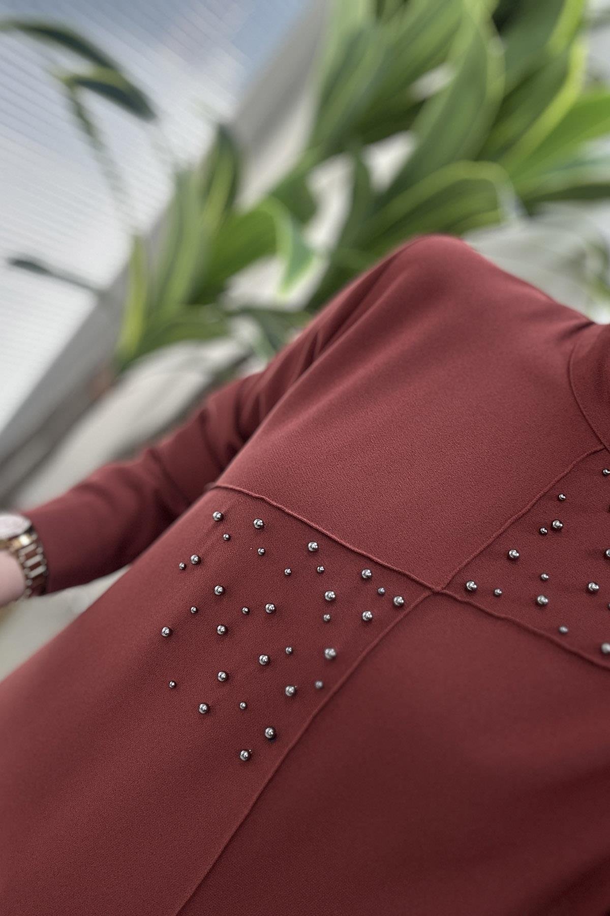 Pantolonlu TakımÖnü Biyeli İnci Çakmalı Tunik ve Pantolon Kadın İkili Takım Kiremit MLH 4187