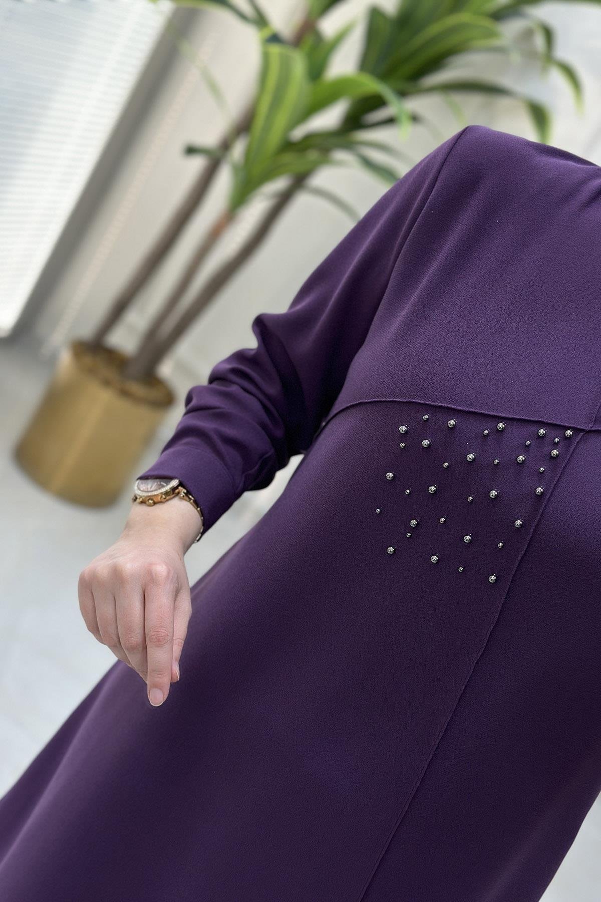 Pantolonlu TakımÖnü Biyeli İnci Çakmalı Tunik ve Pantolon Kadın İkili Takım Mor MLH 4187