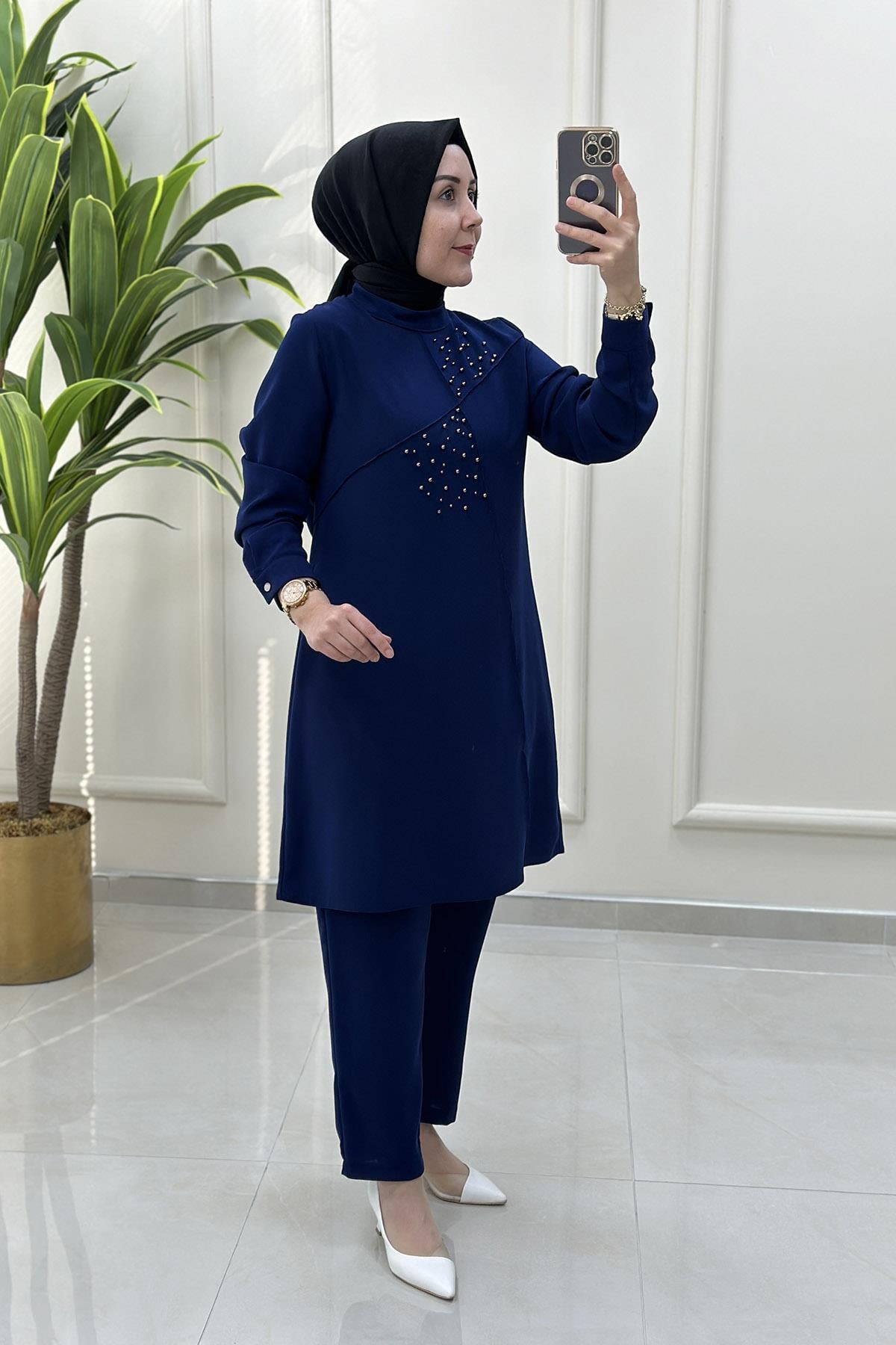 Pantolonlu TakımÖnü Biyeli İnci Çakmalı Tunik ve Pantolon Kadın İkili Takım Saks Mavisi MLH 4187