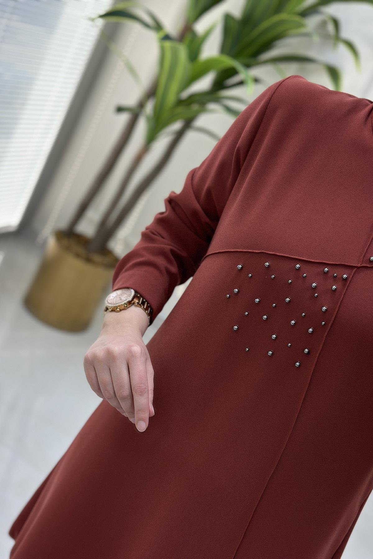 Pantolonlu TakımÖnü Biyeli İnci Çakmalı Tunik ve Pantolon Kadın İkili Takım Kiremit MLH 4187