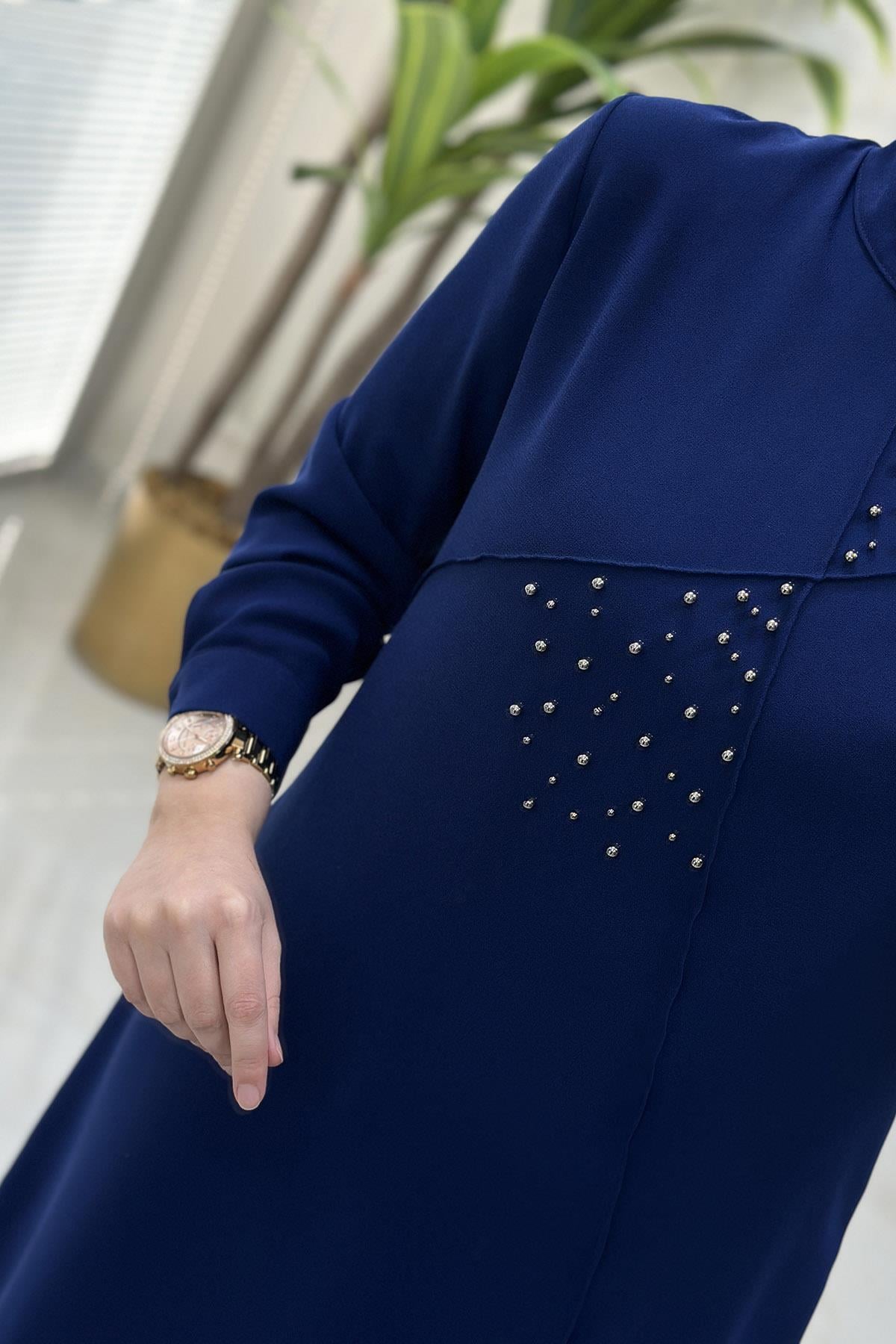 Pantolonlu TakımÖnü Biyeli İnci Çakmalı Tunik ve Pantolon Kadın İkili Takım Saks Mavisi MLH 4187