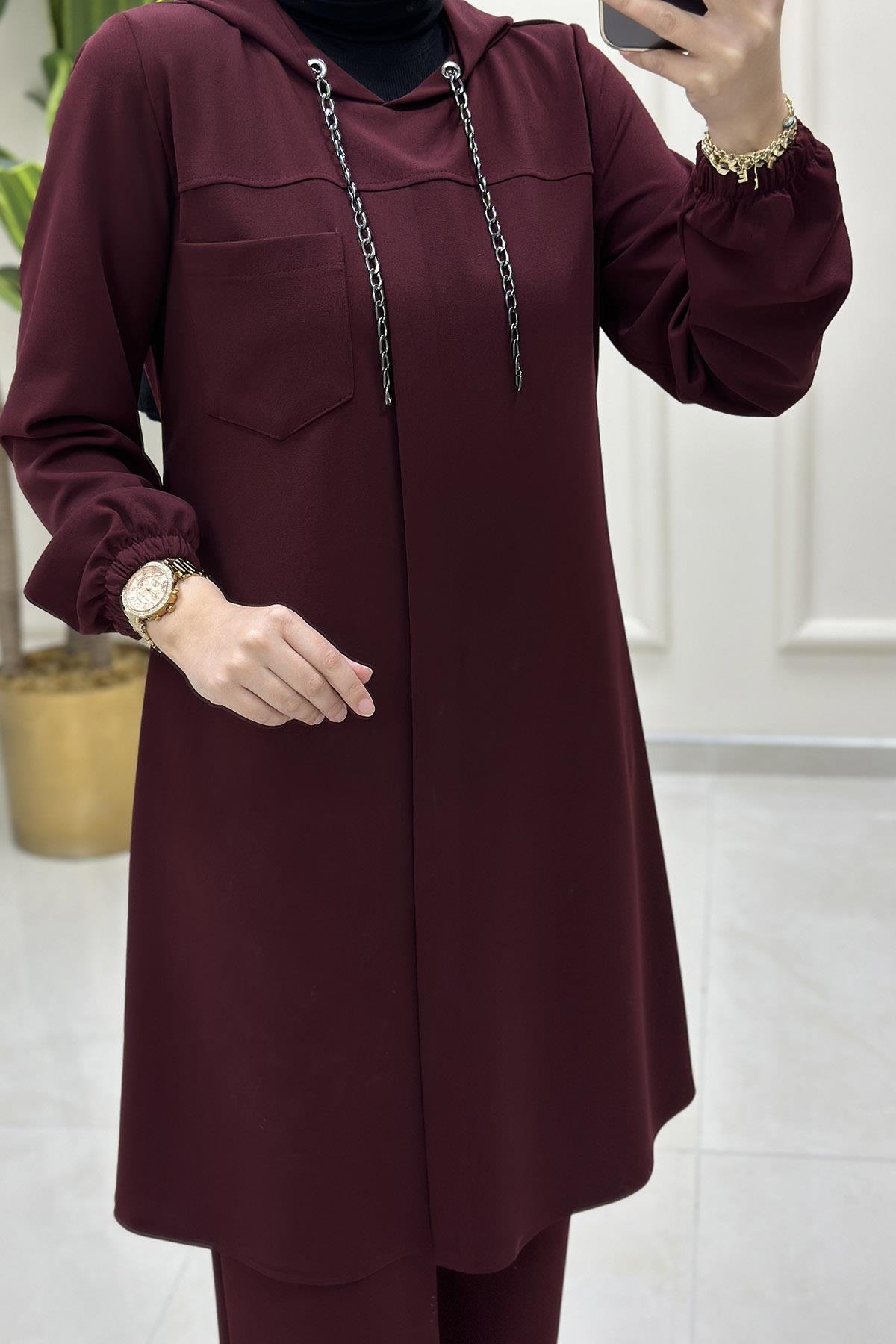 Pantolonlu TakımÖnü Biyeli Zincir Detaylı Tunik ve Pantolon Kadın İkili Takım Bordo CNR 1806