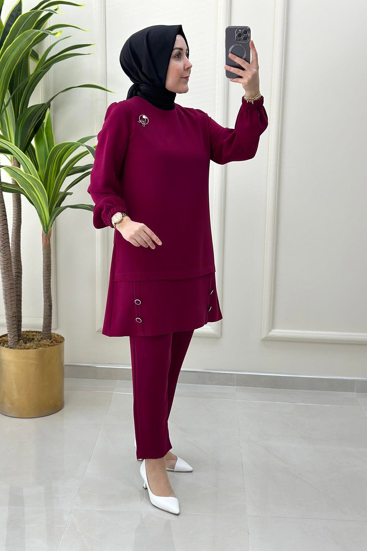 Pantolonlu TakımÖnü Broş Detaylı Kolu Büzgülü Kadın İkili Takım Mürdüm MLH 4191
