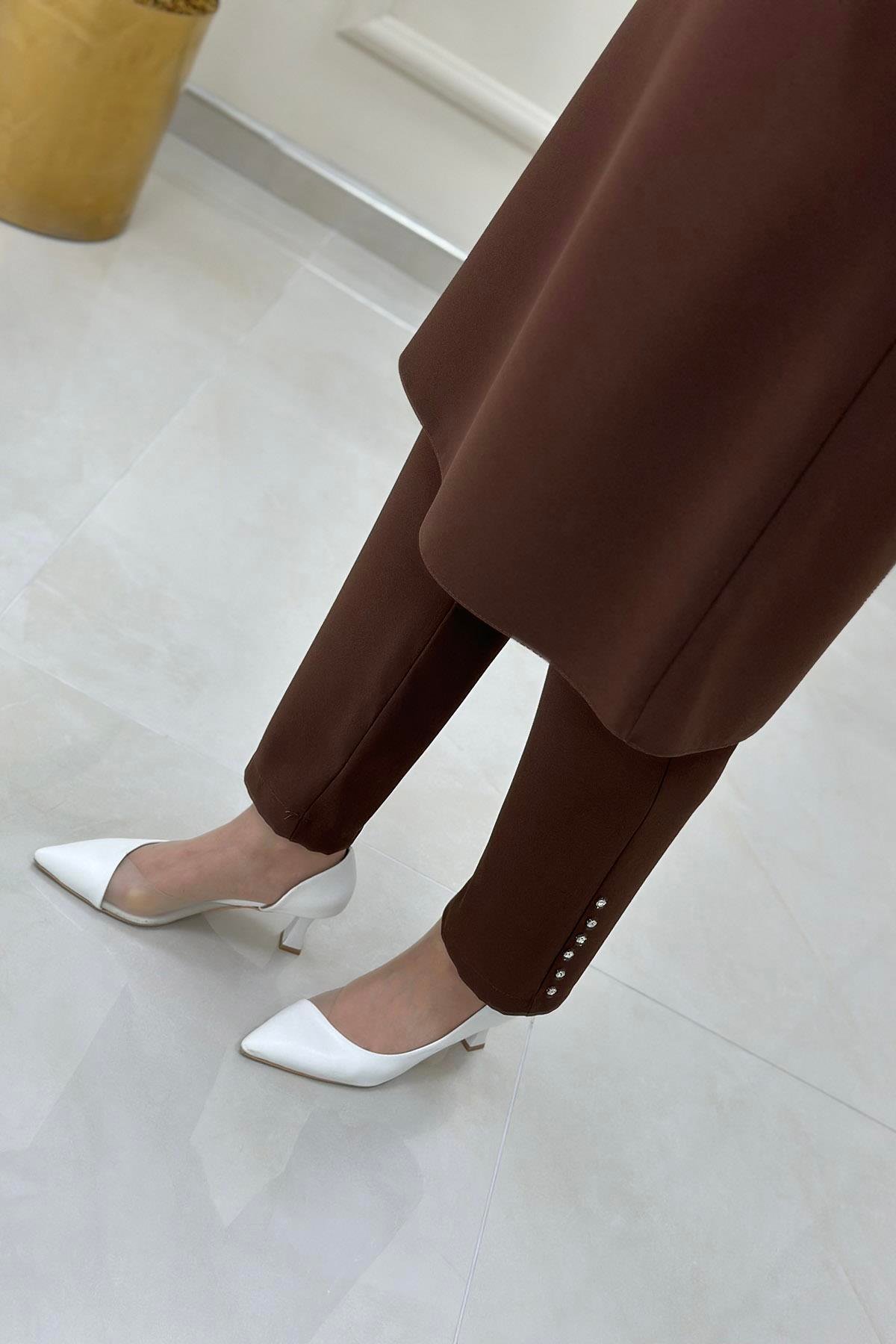 Pantolonlu TakımÖnü Nervürlü Tunik Ve Pantolon Taş Detaylı Kadın İkili Takım Açık Kahverengi MLH 4190