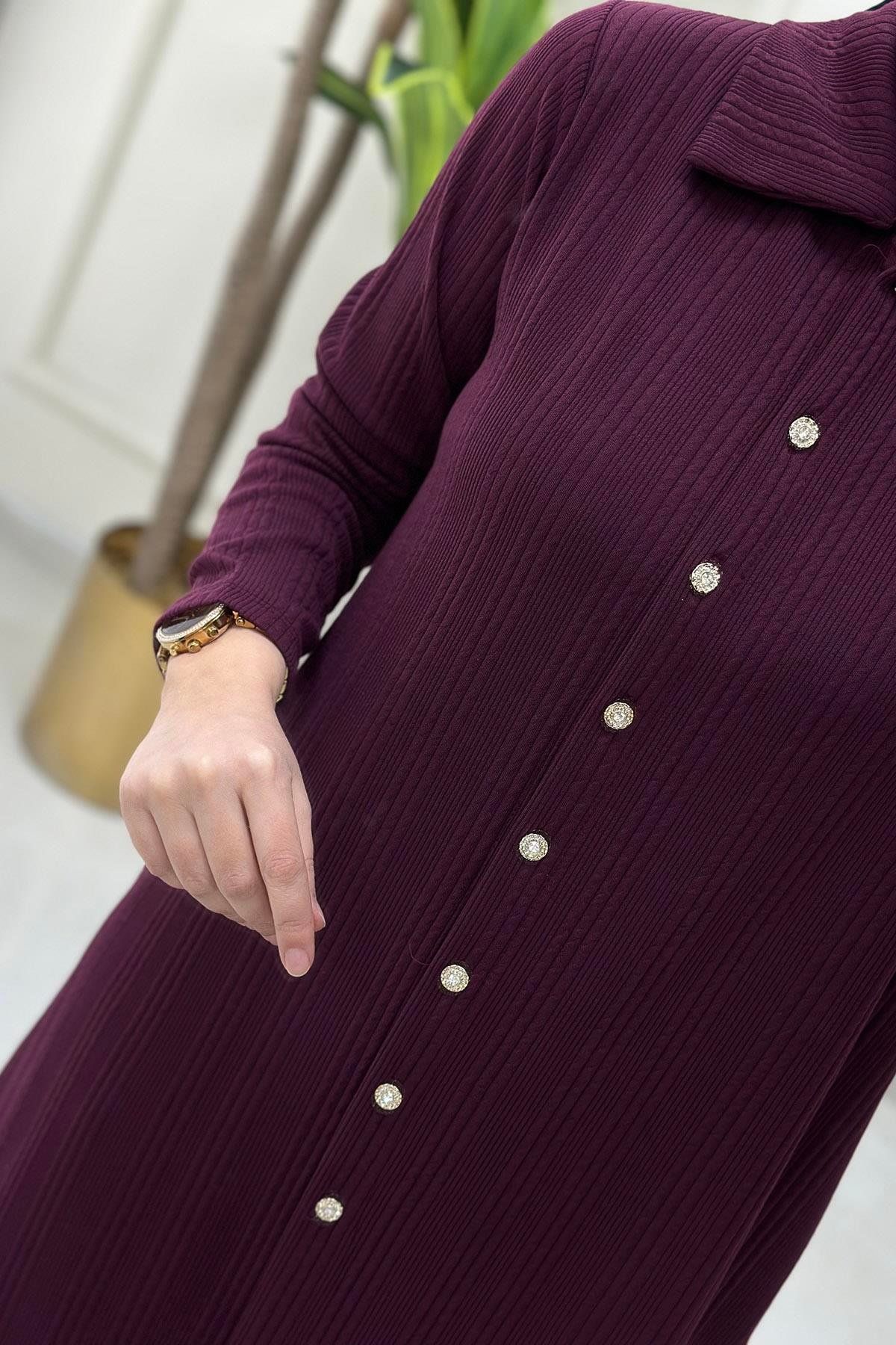 Pantolonlu TakımÖnü Taş Düğme Detaylı Tunik ve Pantolon Kadın İkili Takım Mürdüm KADO 9530