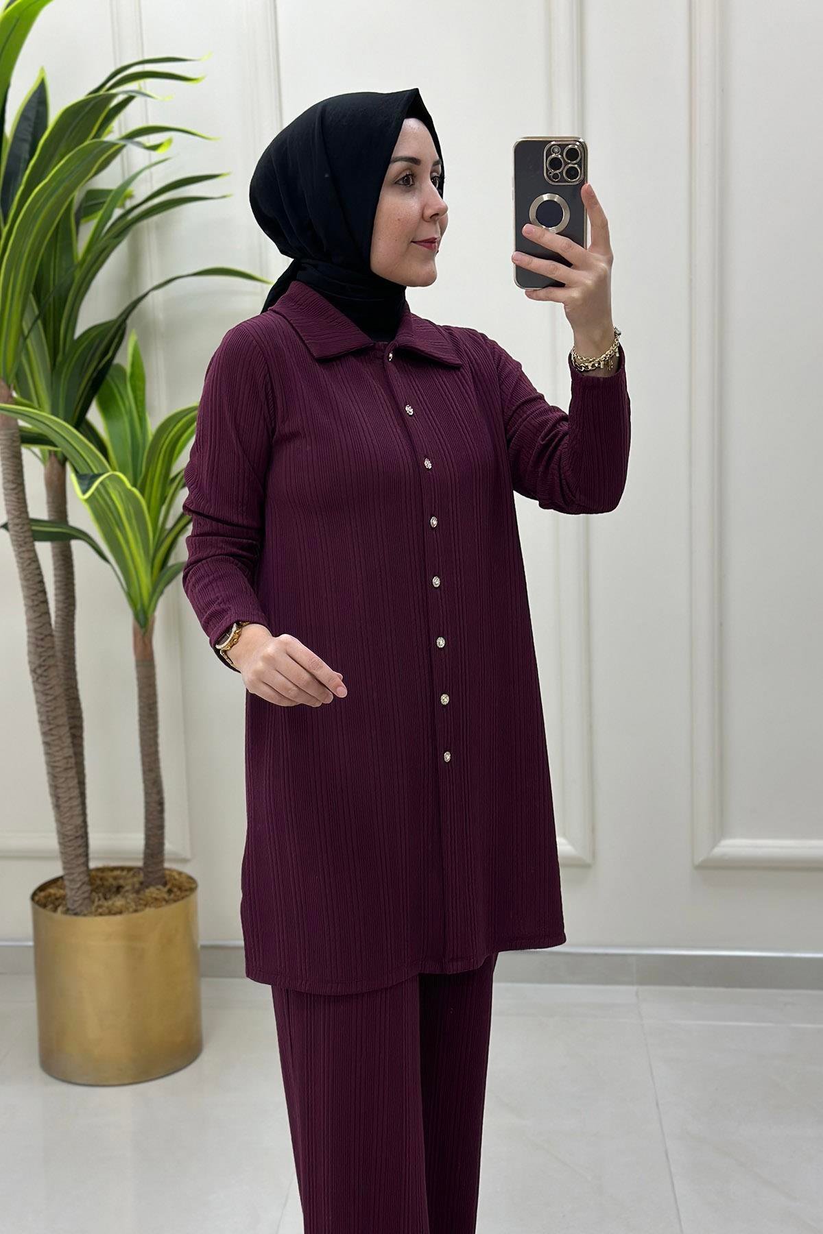 Pantolonlu TakımÖnü Taş Düğme Detaylı Tunik ve Pantolon Kadın İkili Takım Mürdüm KADO 9530